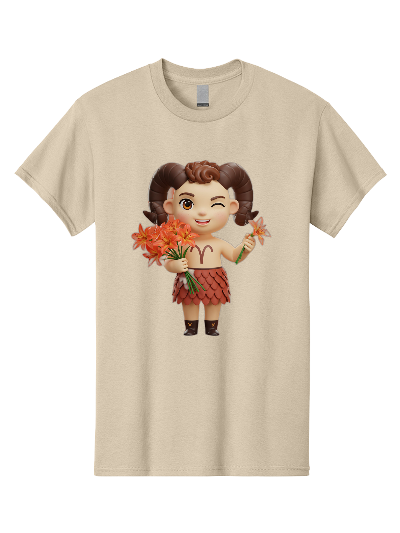 Aries-Zodiac-Character Men'S Graphic Tee, 100% Cotton, Comfortable Casual Summer Wear, Machine Washable, Cartoon Aries Zodiac Sign, Ram Horns, Astrology Symbol, Orange Flowers, Floral Arrangement, Zodiac Character Design, Fantasy Creature, Bae118