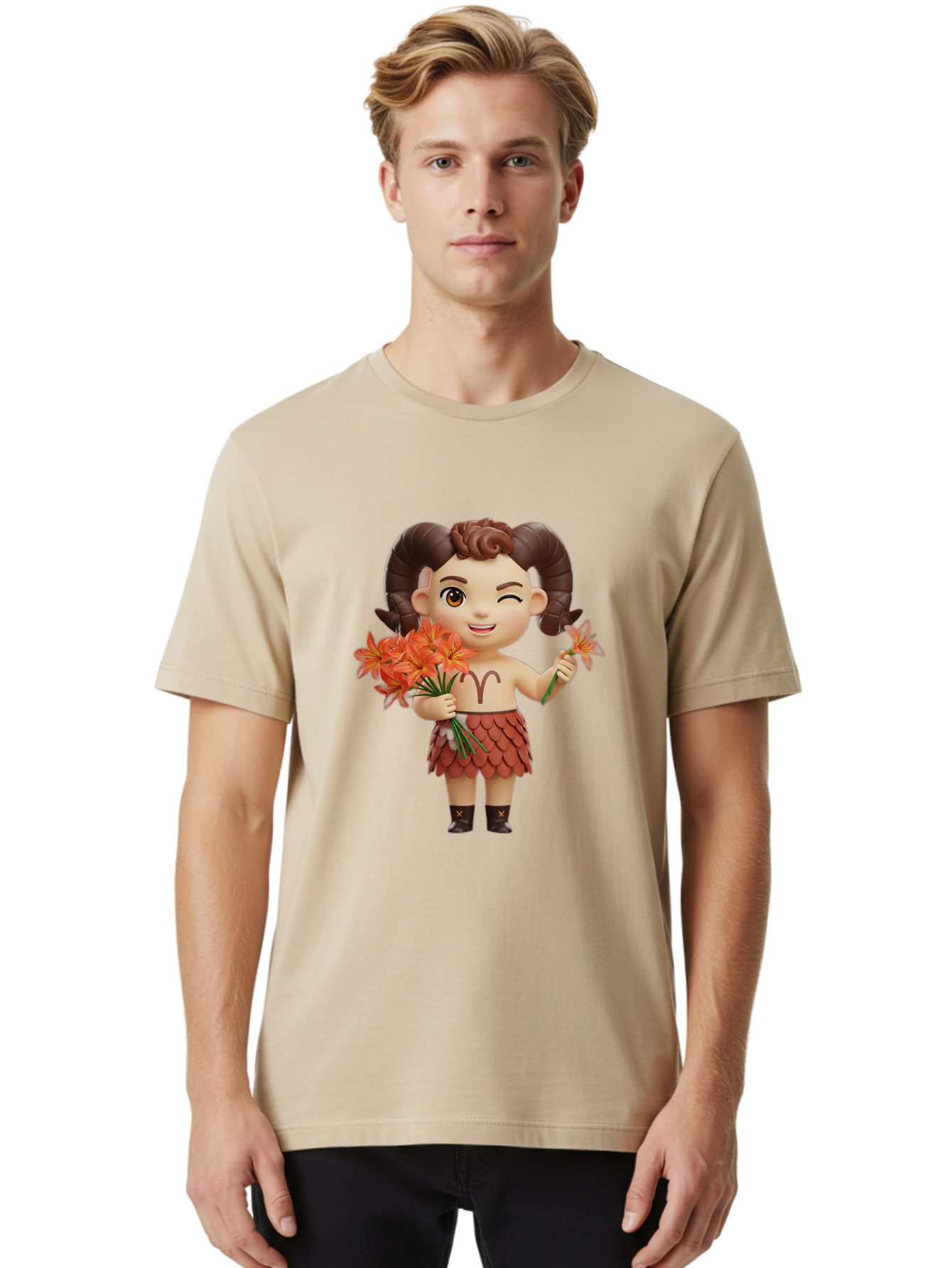 Aries-Zodiac-Character Men'S Graphic Tee, 100% Cotton, Comfortable Casual Summer Wear, Machine Washable, Cartoon Aries Zodiac Sign, Ram Horns, Astrology Symbol, Orange Flowers, Floral Arrangement, Zodiac Character Design, Fantasy Creature, Bae118