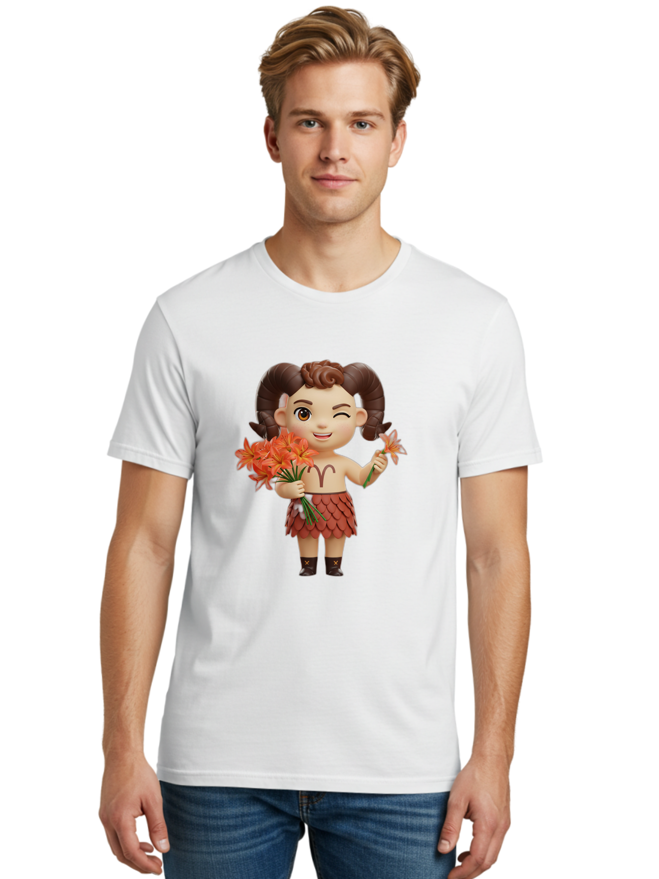 Aries-Zodiac-Character Men'S Graphic Tee, 100% Cotton, Comfortable Casual Summer Wear, Machine Washable, Cartoon Aries Zodiac Sign, Ram Horns, Astrology Symbol, Orange Flowers, Floral Arrangement, Zodiac Character Design, Fantasy Creature, Bae118