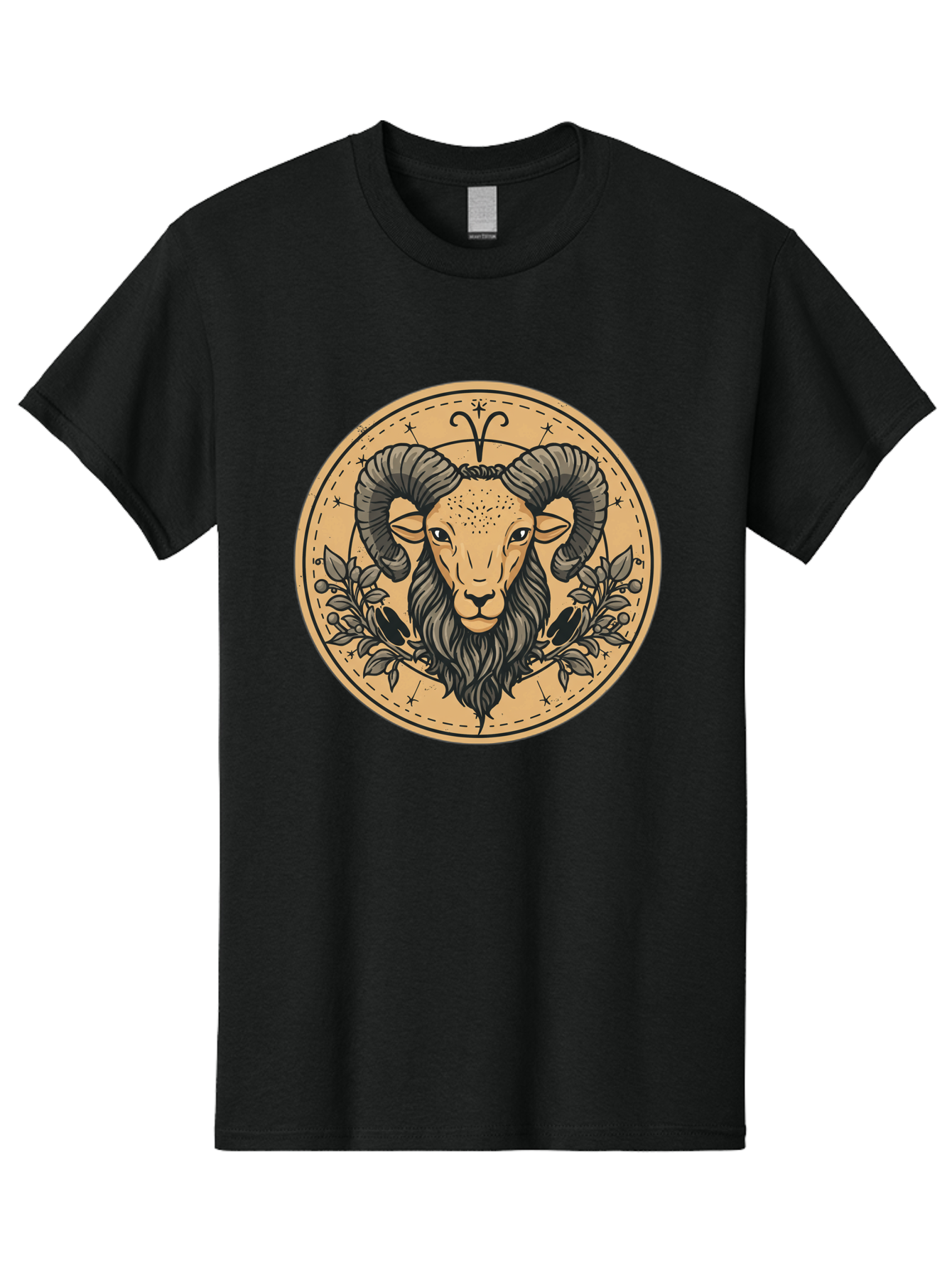 Aries-Zodiac-Sign-1 Men'S Graphic Tee, 100% Cotton, Comfortable Casual Summer Wear, Machine Washable, Aries Zodiac Sign, Ram Symbol, Astrological Illustration, Black And Beige Design, Floral Elements, Stars And Constellations, Bae119
