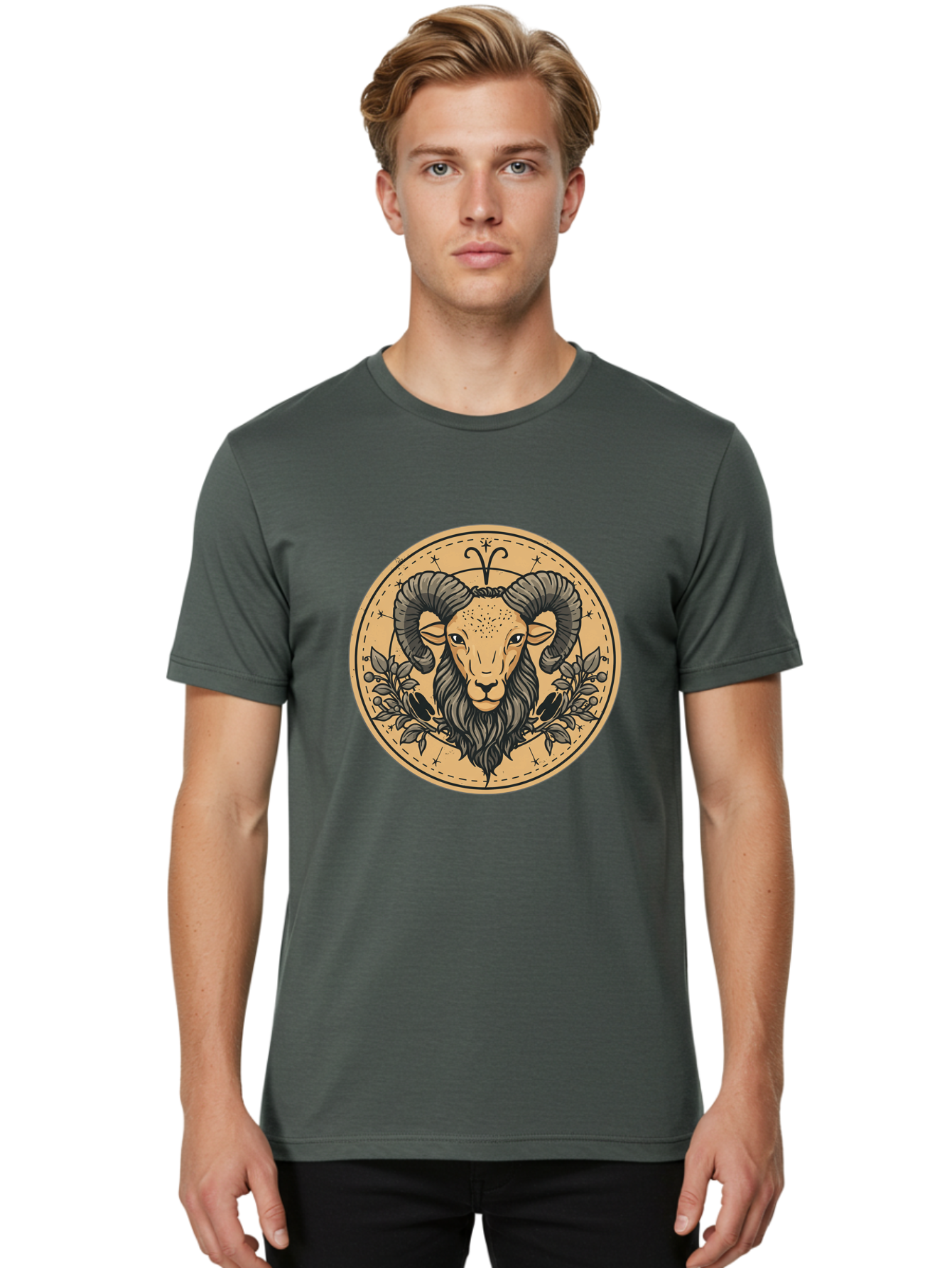 Aries-Zodiac-Sign-1 Men'S Graphic Tee, 100% Cotton, Comfortable Casual Summer Wear, Machine Washable, Aries Zodiac Sign, Ram Symbol, Astrological Illustration, Black And Beige Design, Floral Elements, Stars And Constellations, Bae119