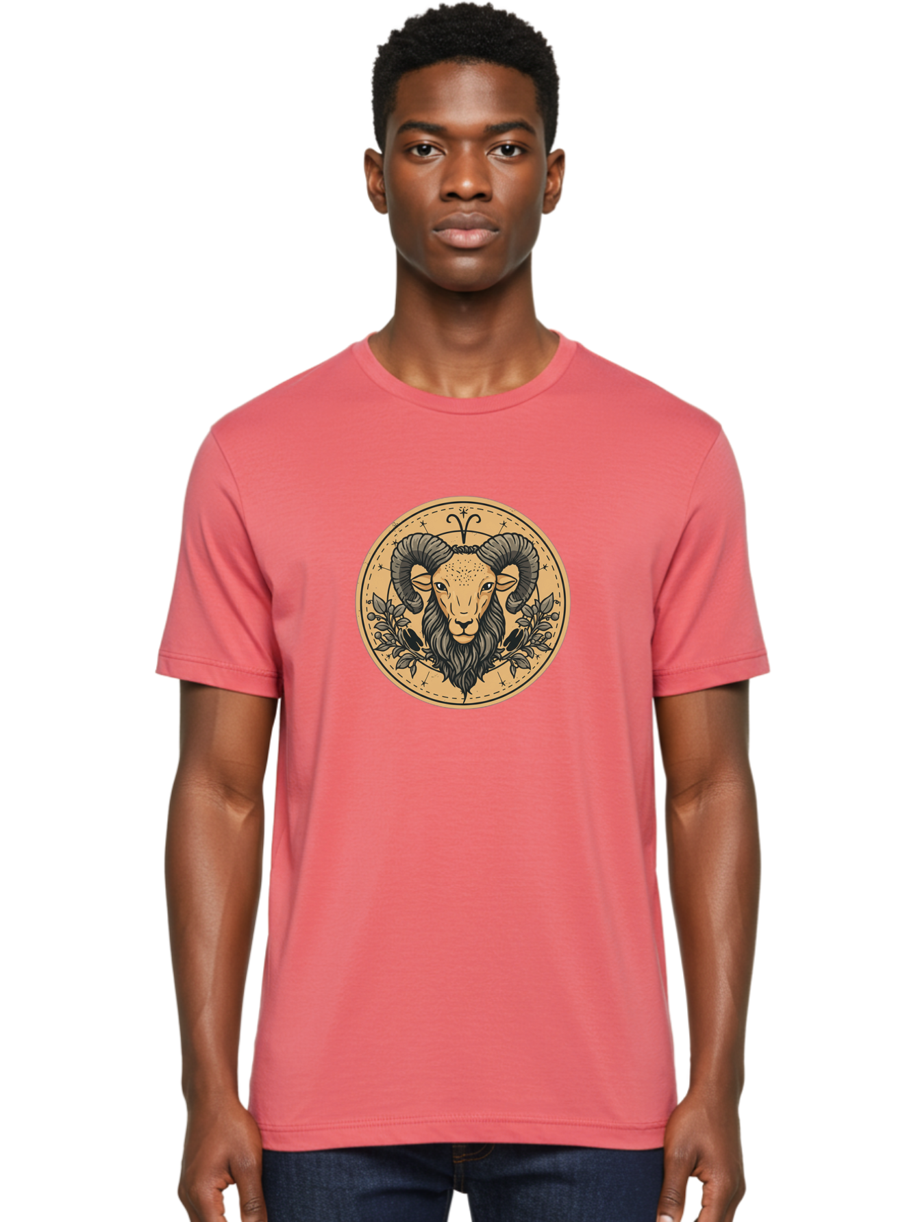 Aries-Zodiac-Sign-1 Men'S Graphic Tee, 100% Cotton, Comfortable Casual Summer Wear, Machine Washable, Aries Zodiac Sign, Ram Symbol, Astrological Illustration, Black And Beige Design, Floral Elements, Stars And Constellations, Bae119