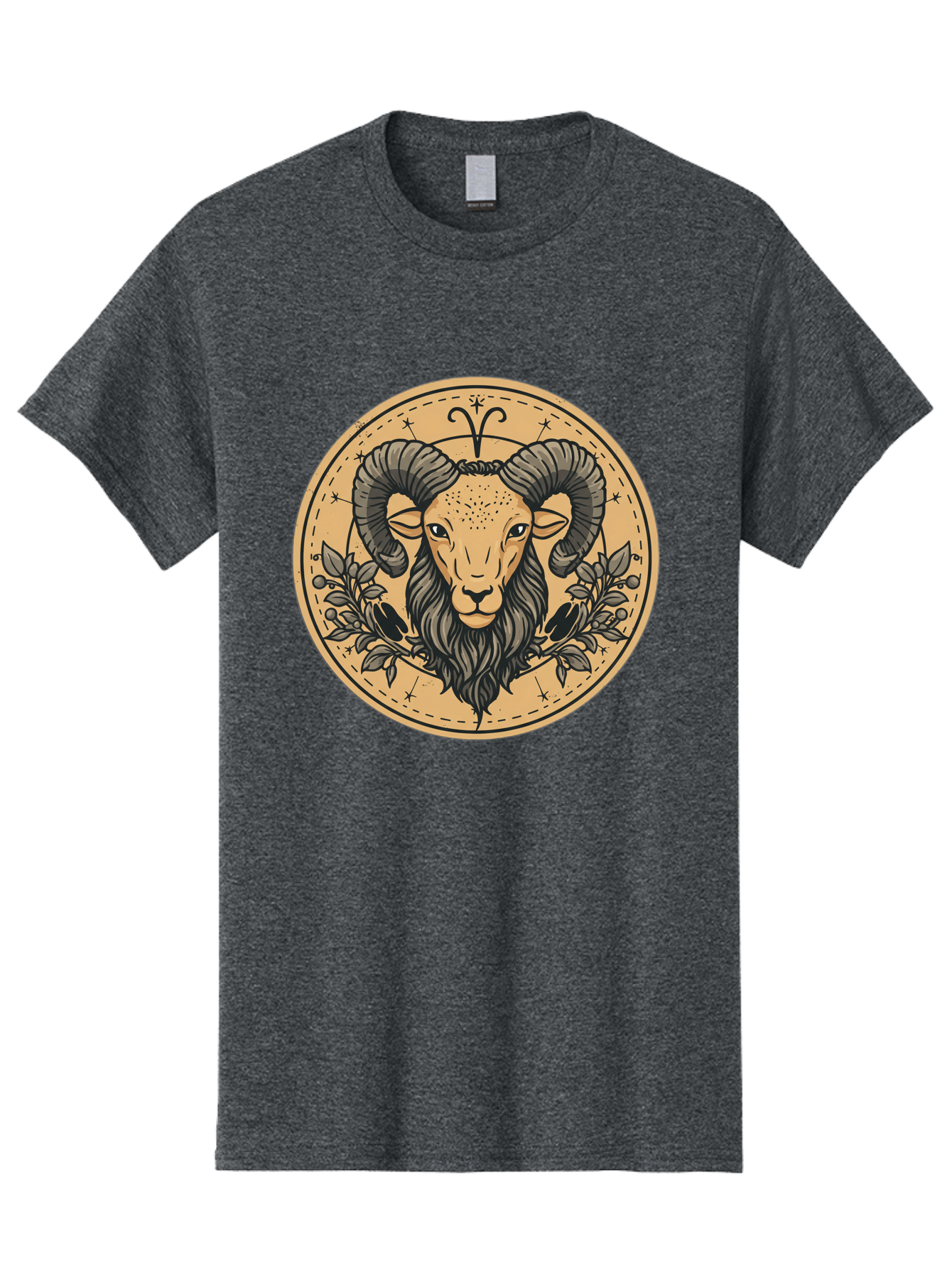 Aries-Zodiac-Sign-1 Men'S Graphic Tee, 100% Cotton, Comfortable Casual Summer Wear, Machine Washable, Aries Zodiac Sign, Ram Symbol, Astrological Illustration, Black And Beige Design, Floral Elements, Stars And Constellations, Bae119