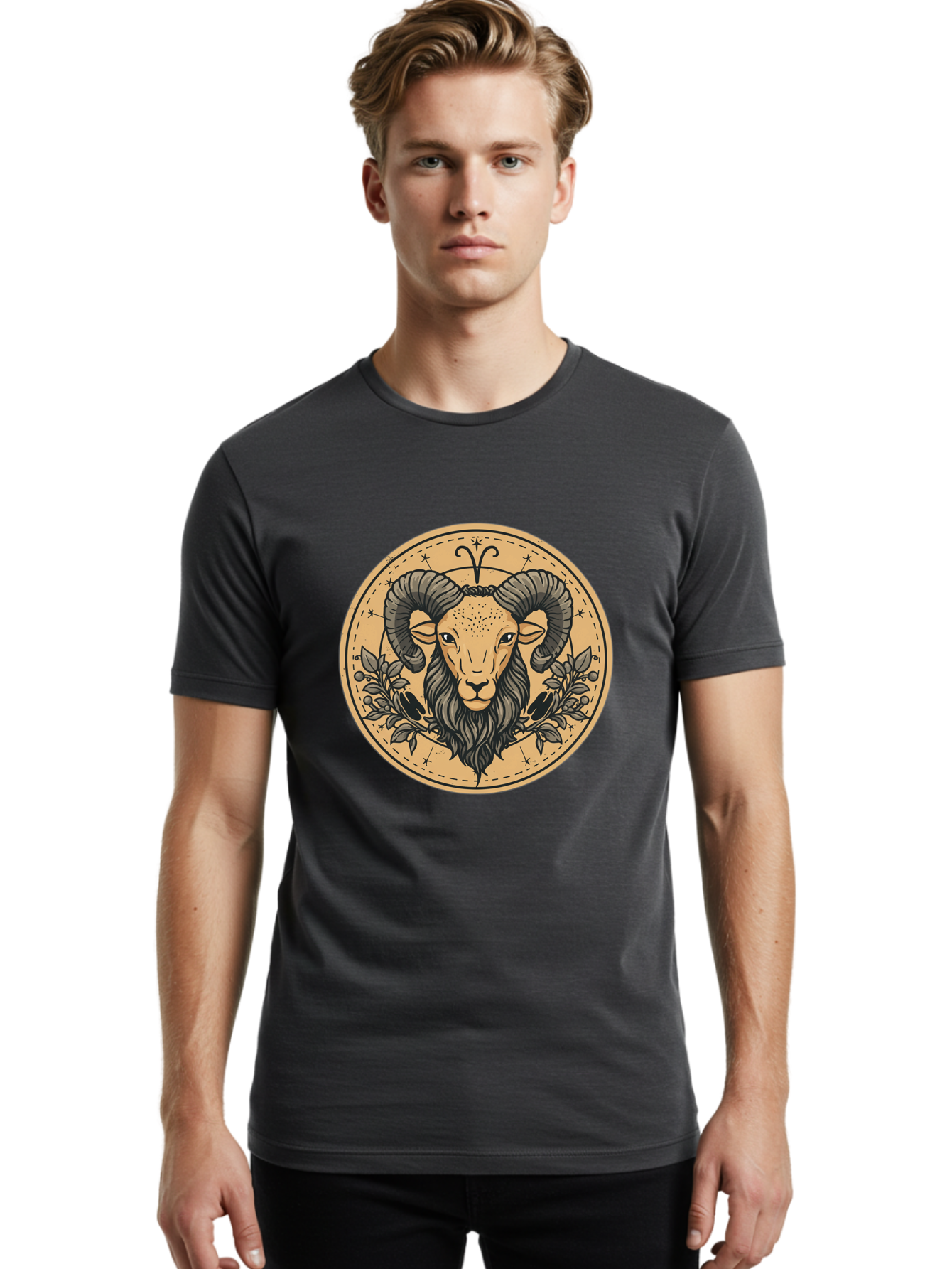 Aries-Zodiac-Sign-1 Men'S Graphic Tee, 100% Cotton, Comfortable Casual Summer Wear, Machine Washable, Aries Zodiac Sign, Ram Symbol, Astrological Illustration, Black And Beige Design, Floral Elements, Stars And Constellations, Bae119