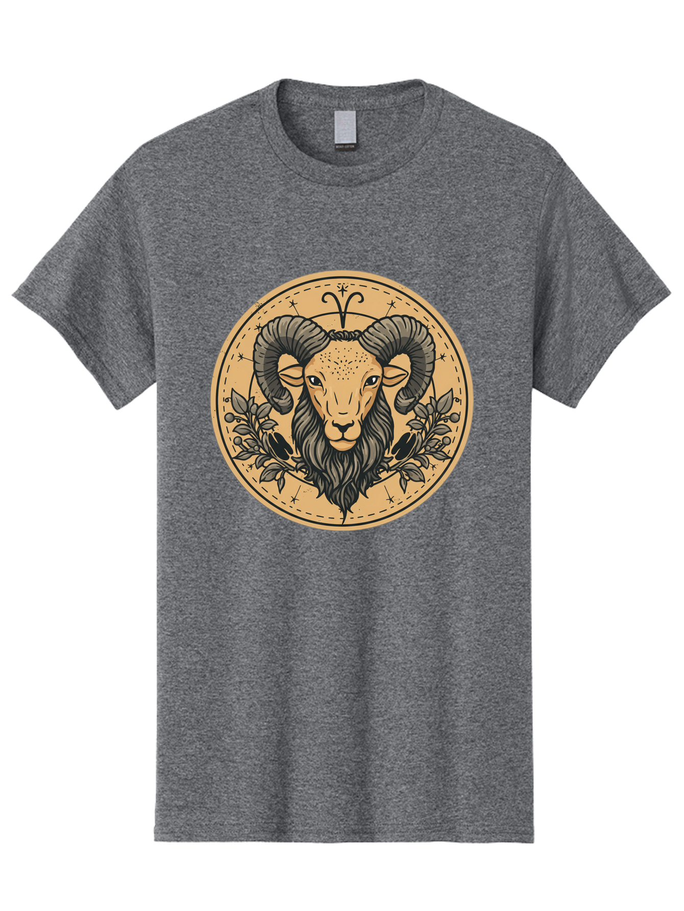 Aries-Zodiac-Sign-1 Men'S Graphic Tee, 100% Cotton, Comfortable Casual Summer Wear, Machine Washable, Aries Zodiac Sign, Ram Symbol, Astrological Illustration, Black And Beige Design, Floral Elements, Stars And Constellations, Bae119