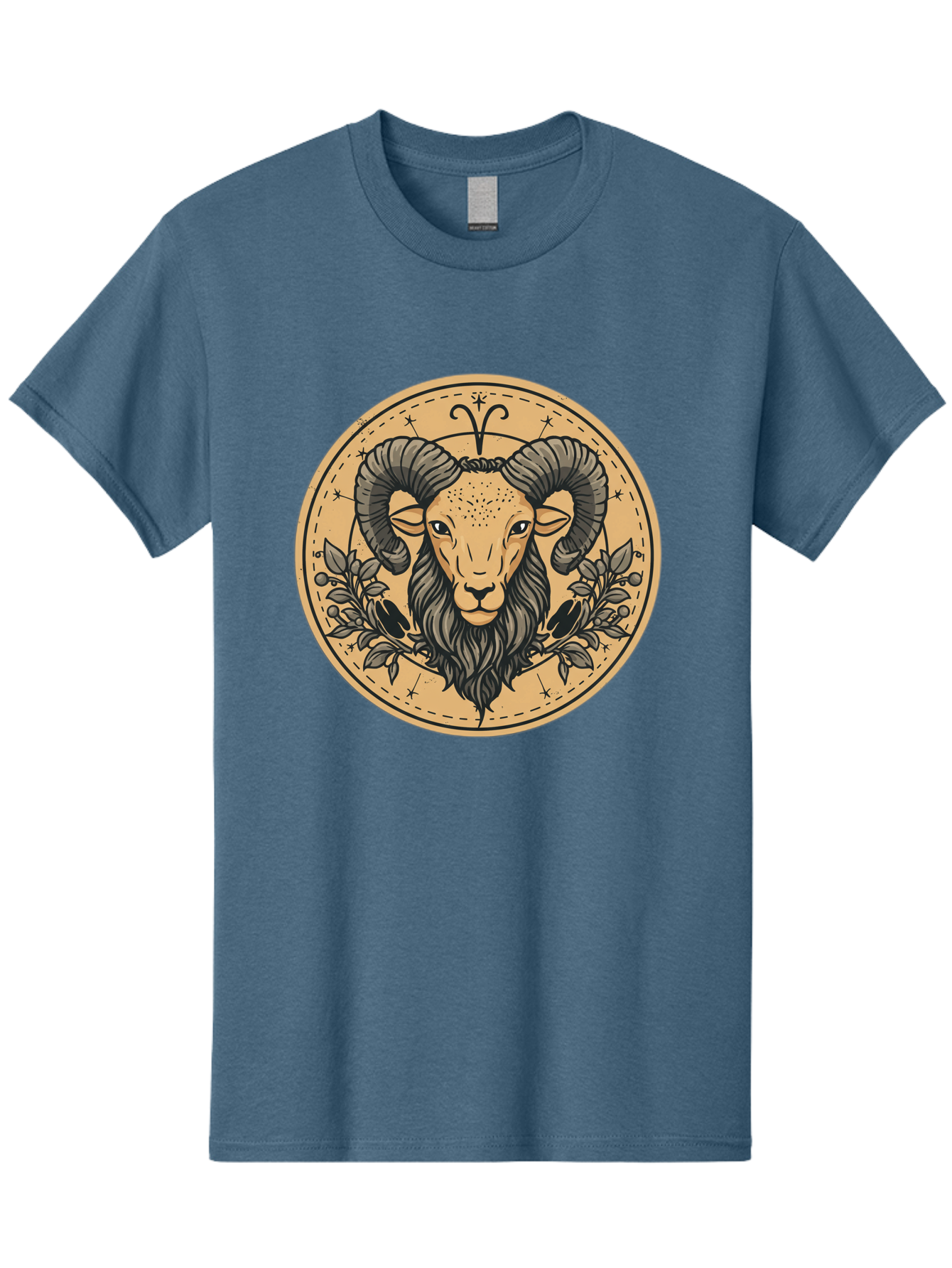 Aries-Zodiac-Sign-1 Men'S Graphic Tee, 100% Cotton, Comfortable Casual Summer Wear, Machine Washable, Aries Zodiac Sign, Ram Symbol, Astrological Illustration, Black And Beige Design, Floral Elements, Stars And Constellations, Bae119