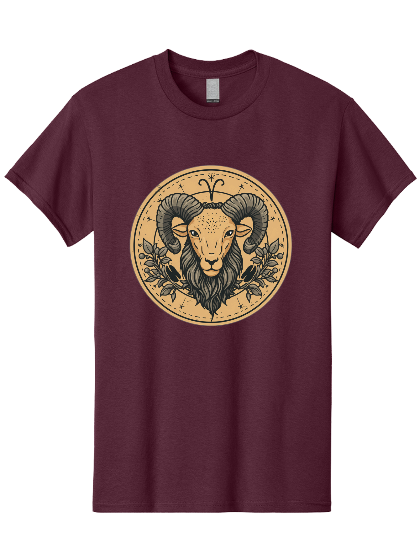 Aries-Zodiac-Sign-1 Men'S Graphic Tee, 100% Cotton, Comfortable Casual Summer Wear, Machine Washable, Aries Zodiac Sign, Ram Symbol, Astrological Illustration, Black And Beige Design, Floral Elements, Stars And Constellations, Bae119