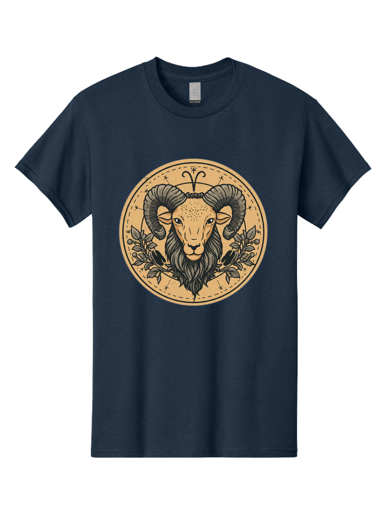 Aries-Zodiac-Sign-1 Men'S Graphic Tee, 100% Cotton, Comfortable Casual Summer Wear, Machine Washable, Aries Zodiac Sign, Ram Symbol, Astrological Illustration, Black And Beige Design, Floral Elements, Stars And Constellations, Bae119