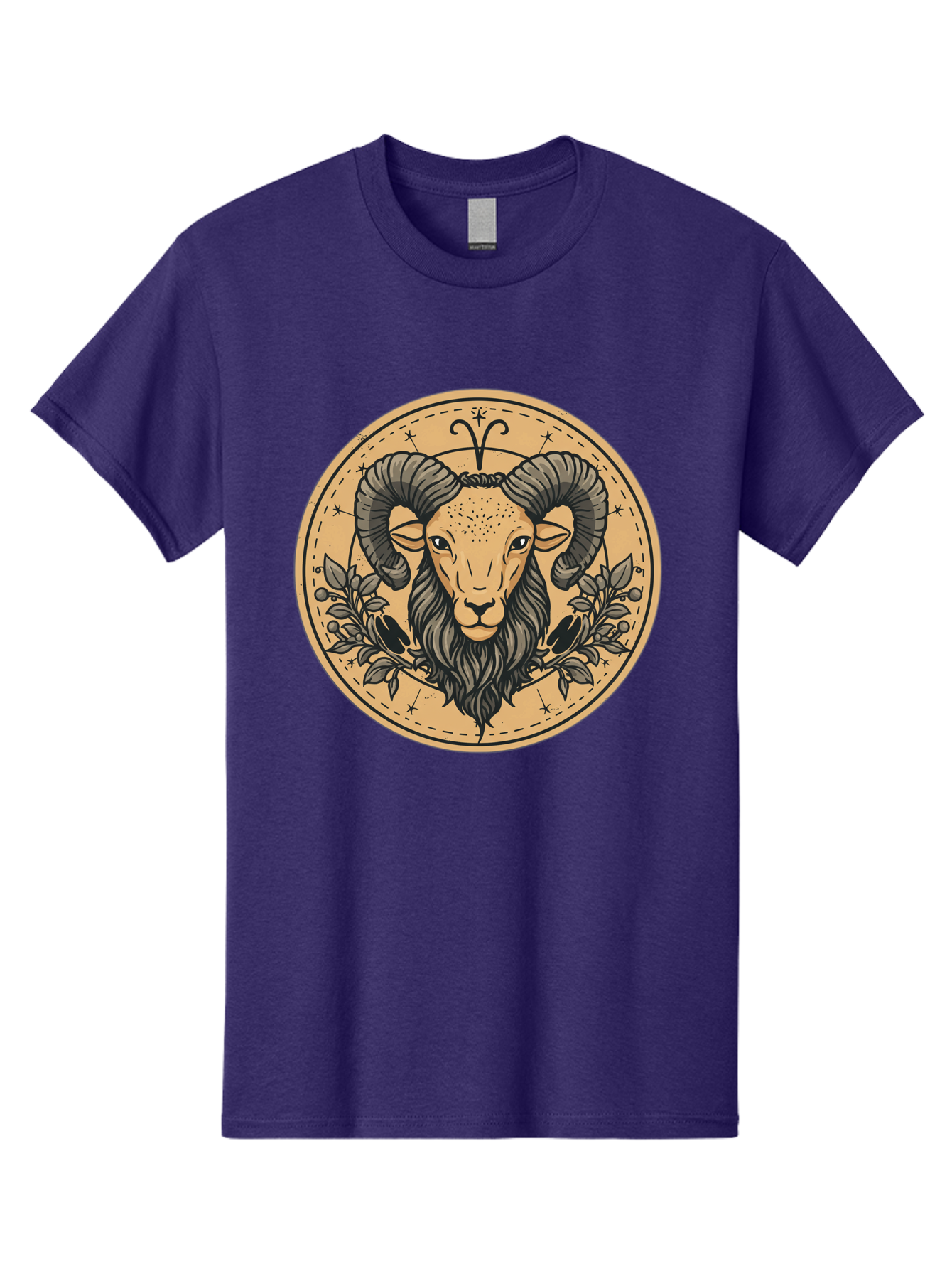 Aries-Zodiac-Sign-1 Men'S Graphic Tee, 100% Cotton, Comfortable Casual Summer Wear, Machine Washable, Aries Zodiac Sign, Ram Symbol, Astrological Illustration, Black And Beige Design, Floral Elements, Stars And Constellations, Bae119
