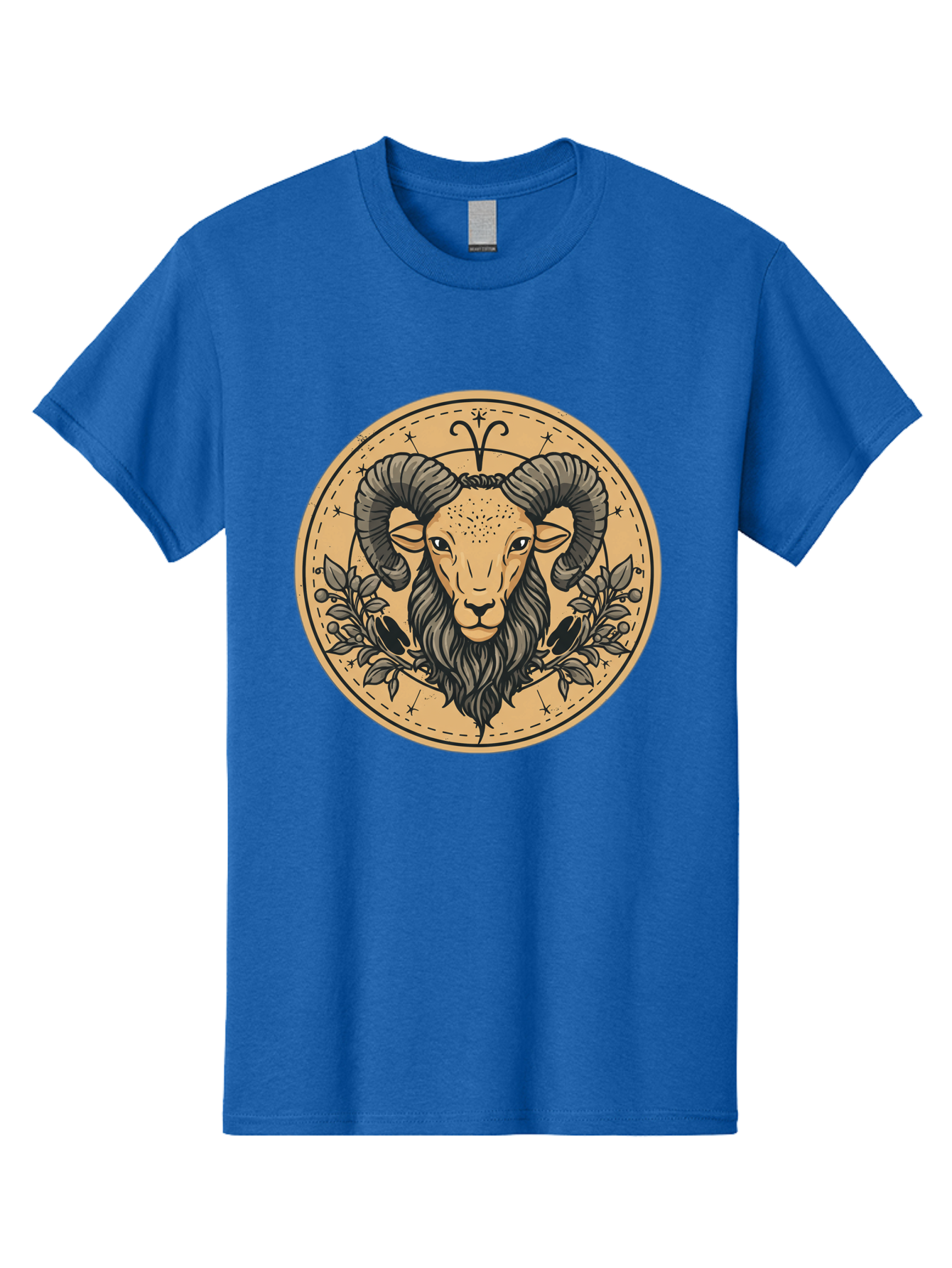 Aries-Zodiac-Sign-1 Men'S Graphic Tee, 100% Cotton, Comfortable Casual Summer Wear, Machine Washable, Aries Zodiac Sign, Ram Symbol, Astrological Illustration, Black And Beige Design, Floral Elements, Stars And Constellations, Bae119
