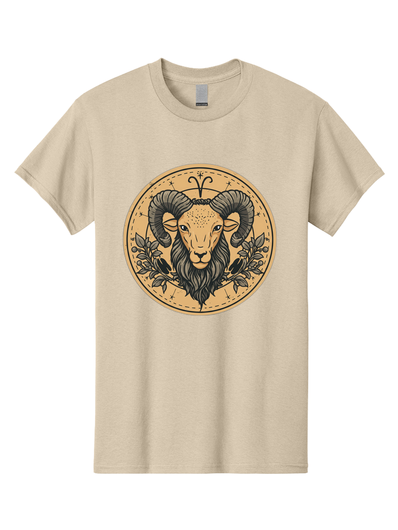 Aries-Zodiac-Sign-1 Men'S Graphic Tee, 100% Cotton, Comfortable Casual Summer Wear, Machine Washable, Aries Zodiac Sign, Ram Symbol, Astrological Illustration, Black And Beige Design, Floral Elements, Stars And Constellations, Bae119
