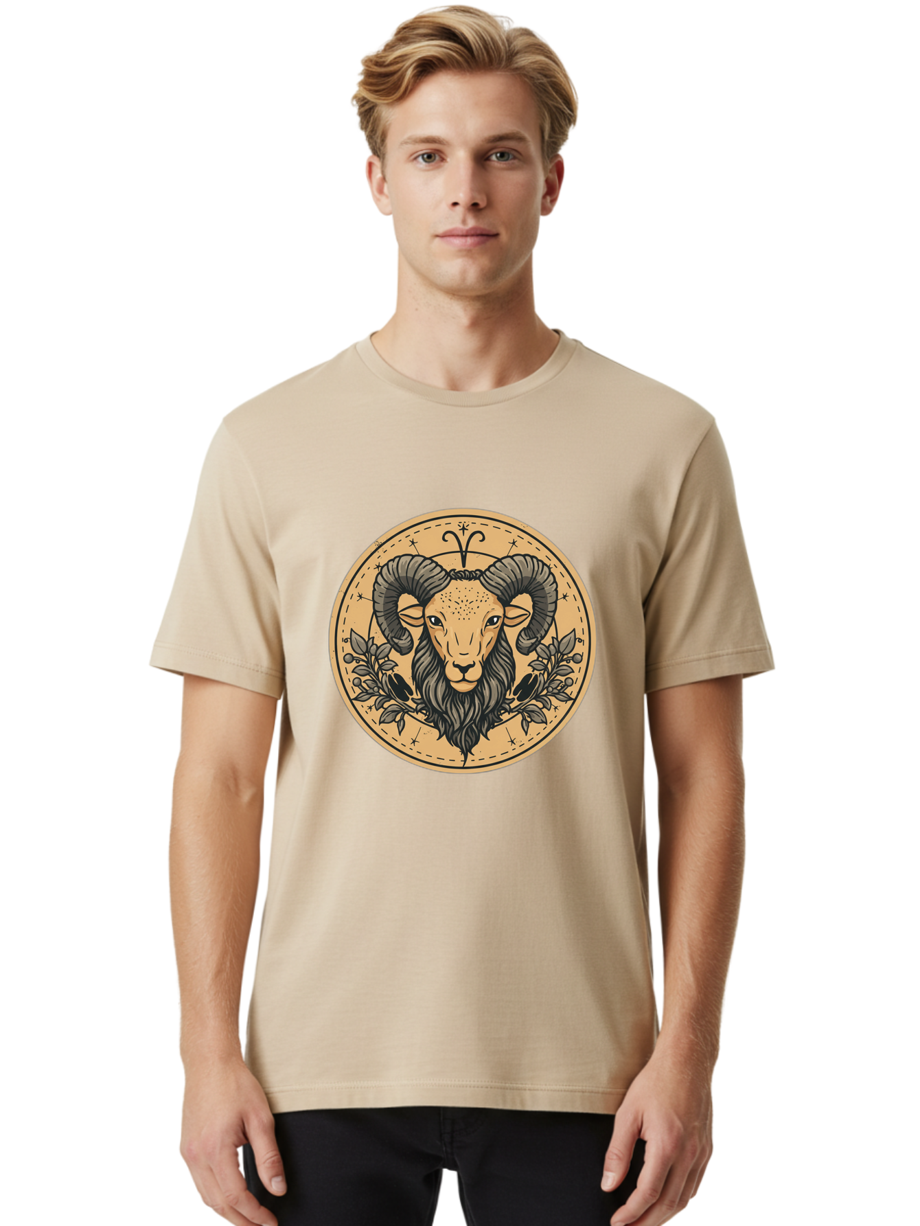 Aries-Zodiac-Sign-1 Men'S Graphic Tee, 100% Cotton, Comfortable Casual Summer Wear, Machine Washable, Aries Zodiac Sign, Ram Symbol, Astrological Illustration, Black And Beige Design, Floral Elements, Stars And Constellations, Bae119