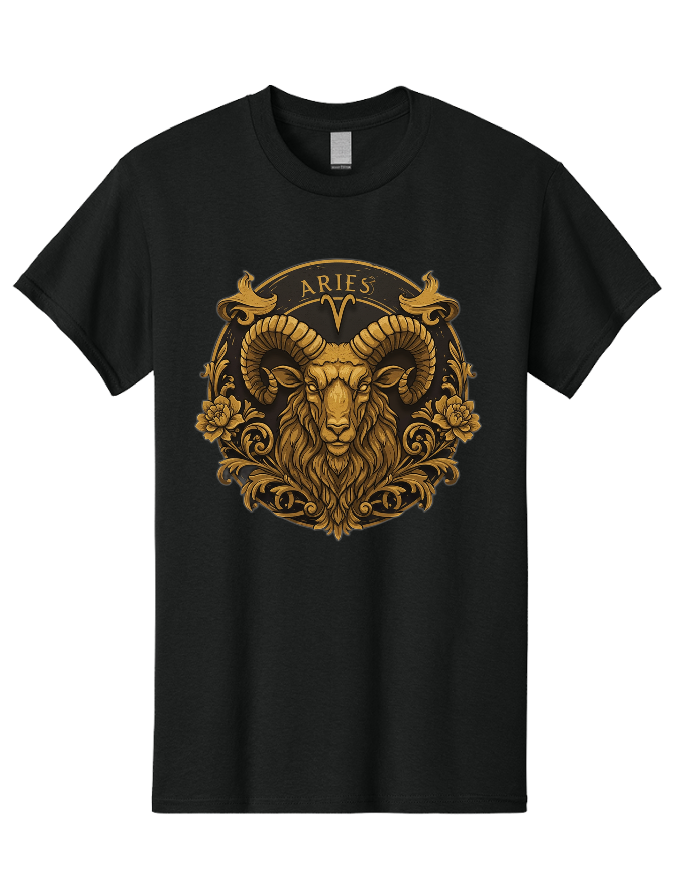 Aries-Zodiac-Sign Men'S Graphic Tee, 100% Cotton, Comfortable Casual Summer Wear, Machine Washable, Golden Ram Head, Aries Symbol, Zodiac Sign, Horoscope, Astrology, Mystical, Mystical Creatures, Gold Ornamentation, Floral Patterns, Bae120