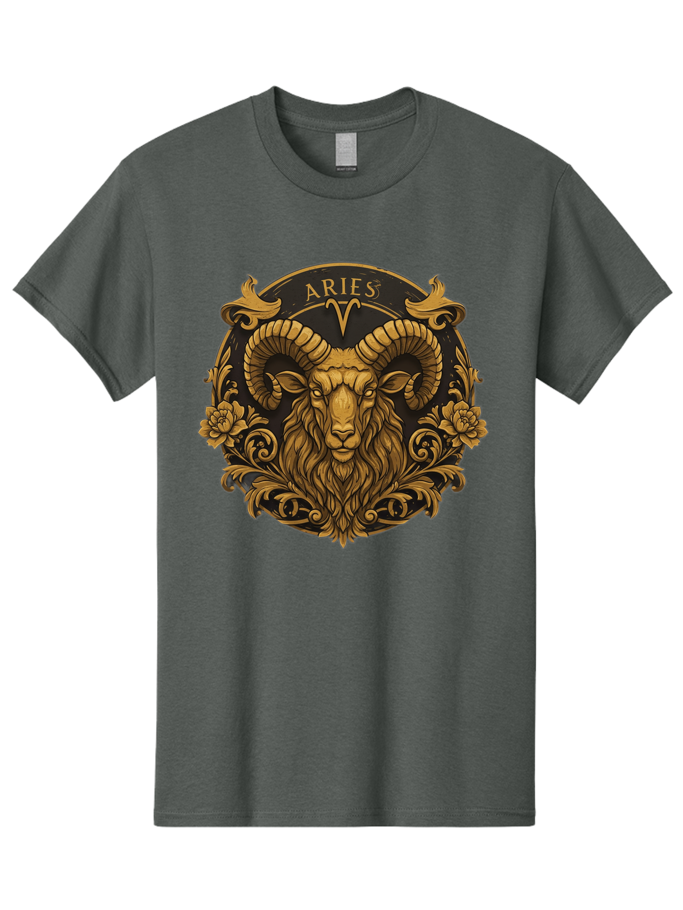 Aries-Zodiac-Sign Men'S Graphic Tee, 100% Cotton, Comfortable Casual Summer Wear, Machine Washable, Golden Ram Head, Aries Symbol, Zodiac Sign, Horoscope, Astrology, Mystical, Mystical Creatures, Gold Ornamentation, Floral Patterns, Bae120