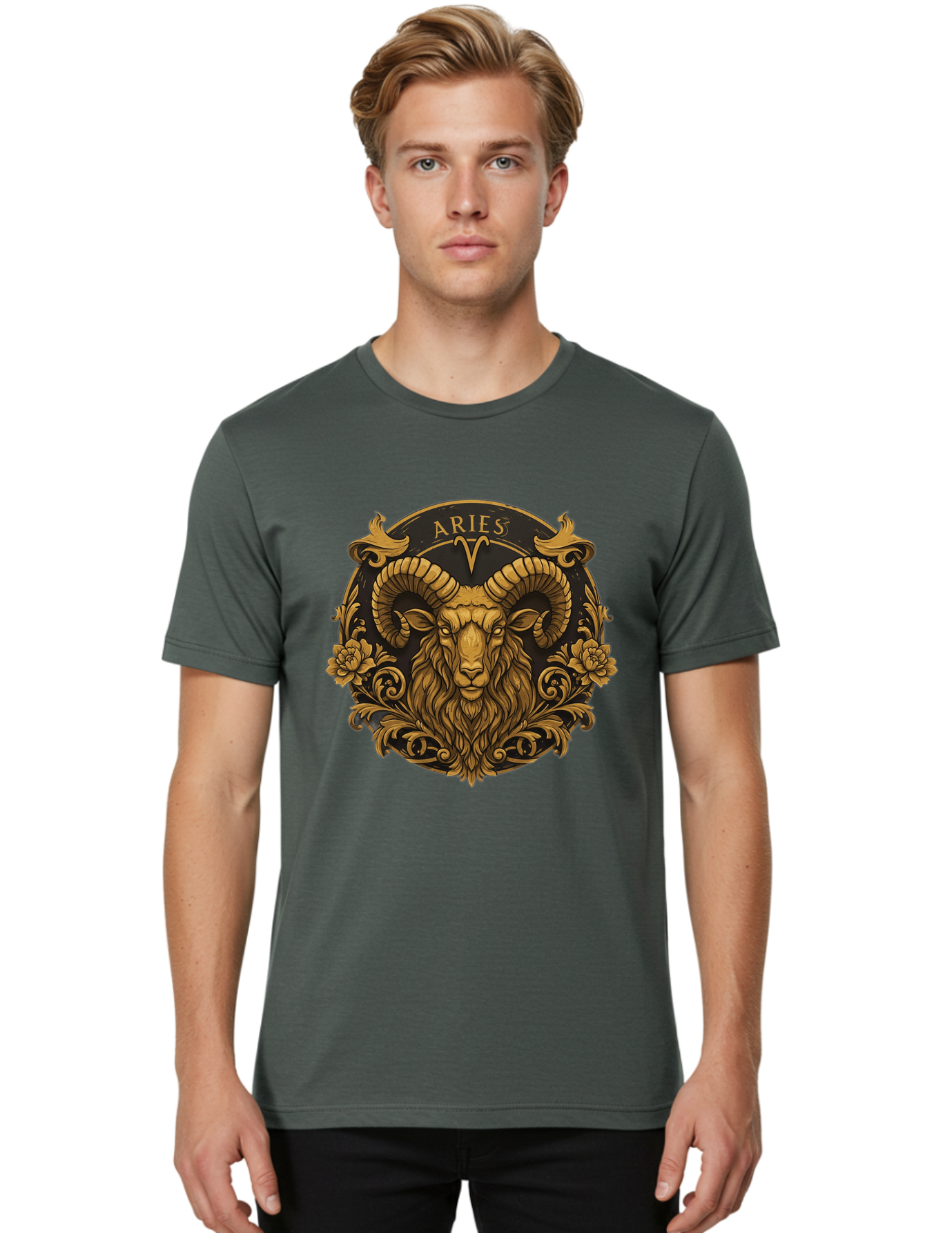 Aries-Zodiac-Sign Men'S Graphic Tee, 100% Cotton, Comfortable Casual Summer Wear, Machine Washable, Golden Ram Head, Aries Symbol, Zodiac Sign, Horoscope, Astrology, Mystical, Mystical Creatures, Gold Ornamentation, Floral Patterns, Bae120