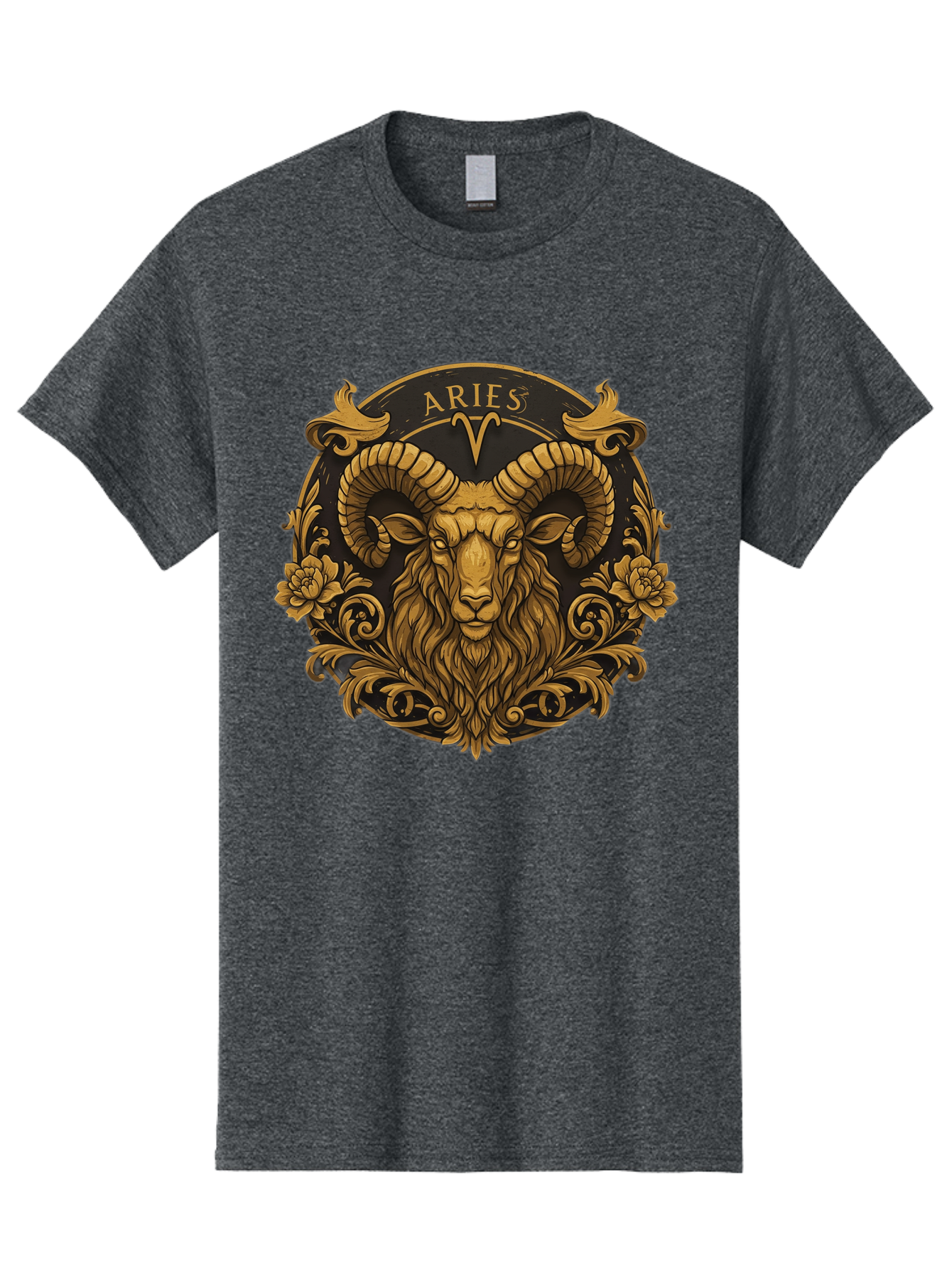 Aries-Zodiac-Sign Men'S Graphic Tee, 100% Cotton, Comfortable Casual Summer Wear, Machine Washable, Golden Ram Head, Aries Symbol, Zodiac Sign, Horoscope, Astrology, Mystical, Mystical Creatures, Gold Ornamentation, Floral Patterns, Bae120
