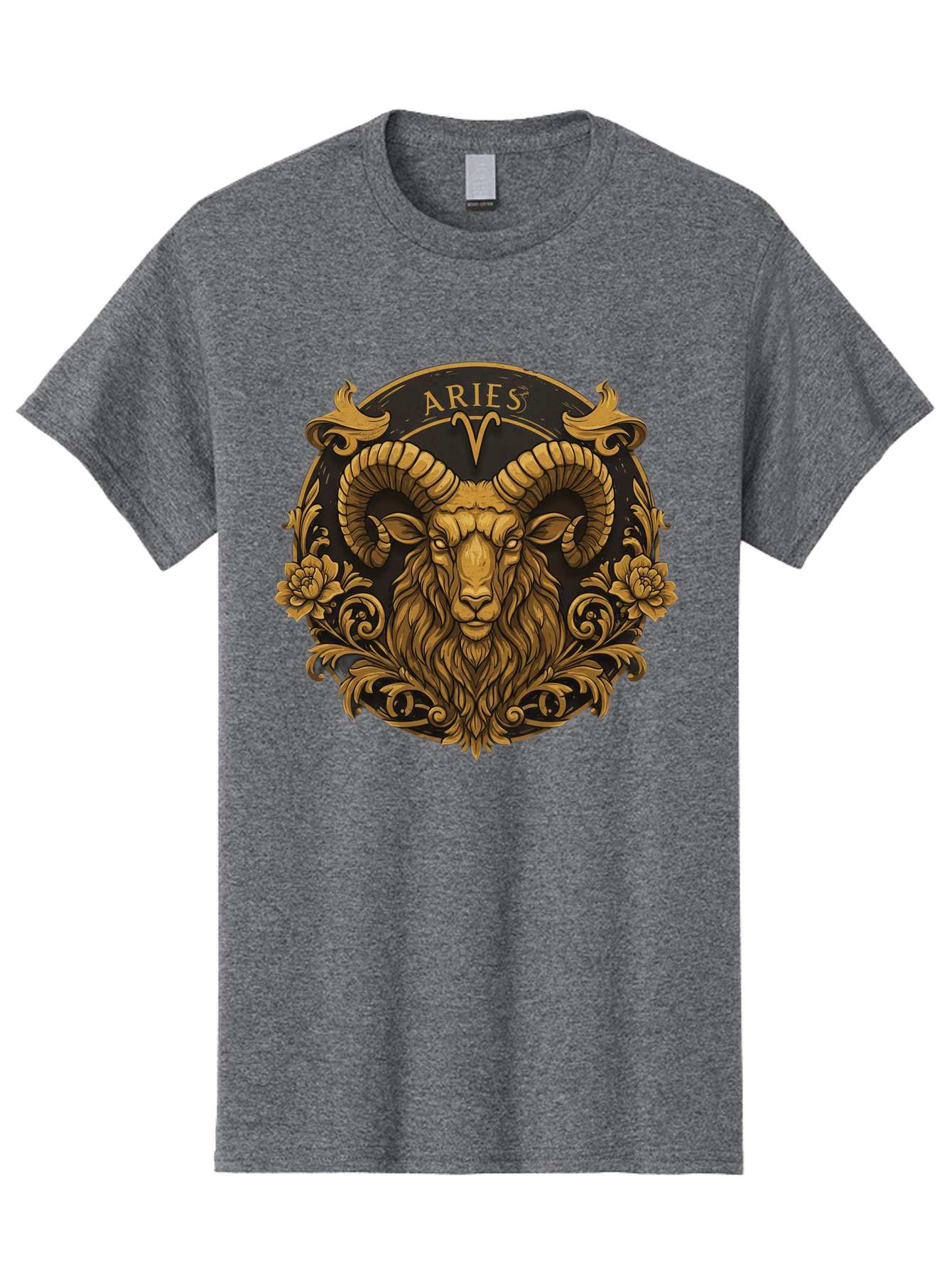 Aries-Zodiac-Sign Men'S Graphic Tee, 100% Cotton, Comfortable Casual Summer Wear, Machine Washable, Golden Ram Head, Aries Symbol, Zodiac Sign, Horoscope, Astrology, Mystical, Mystical Creatures, Gold Ornamentation, Floral Patterns, Bae120