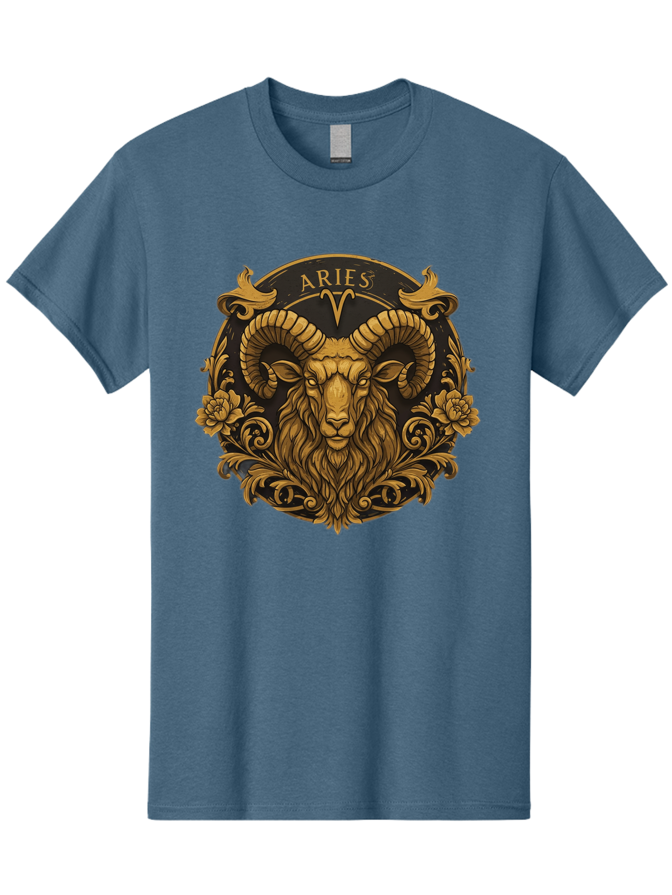 Aries-Zodiac-Sign Men'S Graphic Tee, 100% Cotton, Comfortable Casual Summer Wear, Machine Washable, Golden Ram Head, Aries Symbol, Zodiac Sign, Horoscope, Astrology, Mystical, Mystical Creatures, Gold Ornamentation, Floral Patterns, Bae120