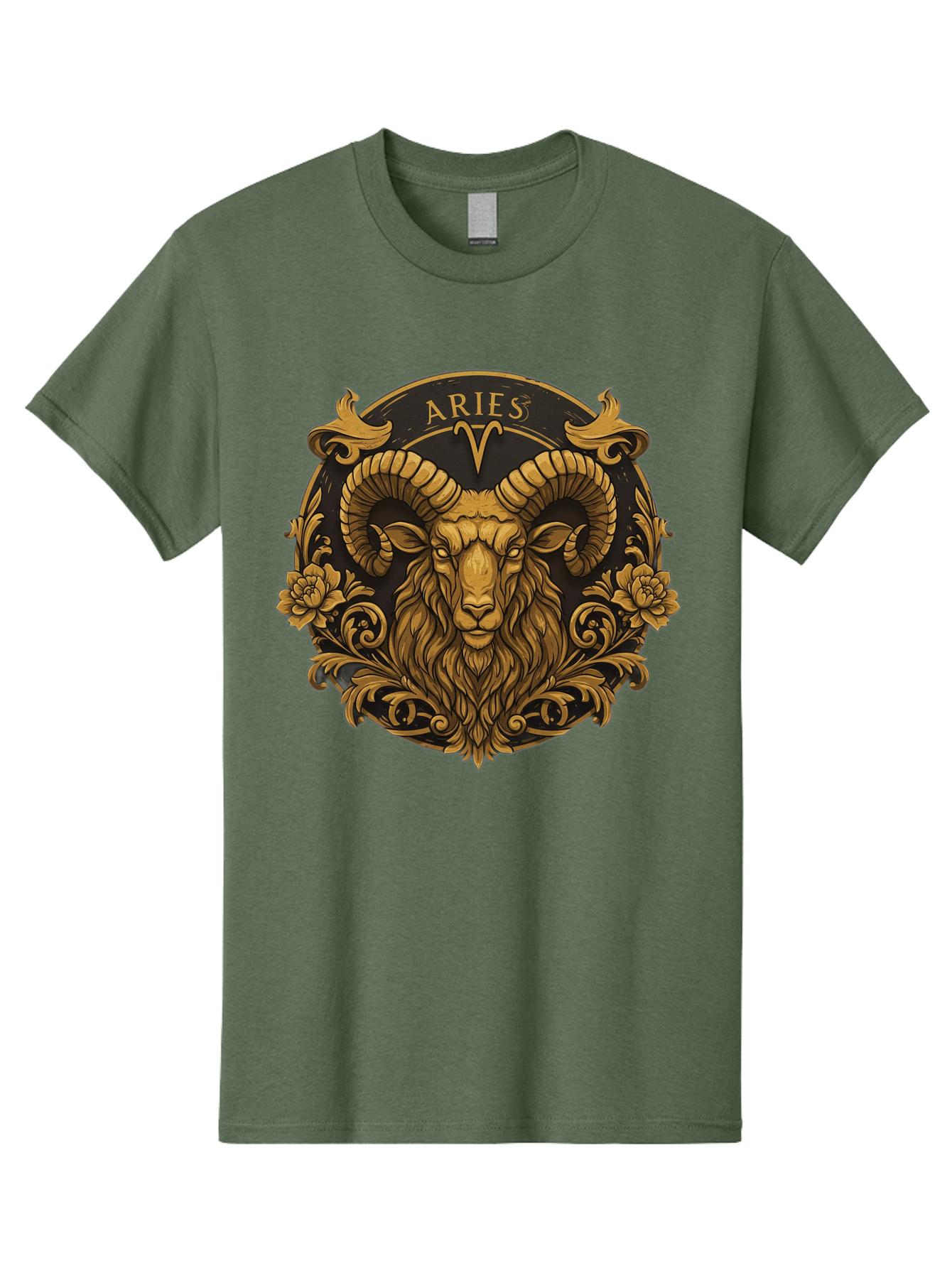 Aries-Zodiac-Sign Men'S Graphic Tee, 100% Cotton, Comfortable Casual Summer Wear, Machine Washable, Golden Ram Head, Aries Symbol, Zodiac Sign, Horoscope, Astrology, Mystical, Mystical Creatures, Gold Ornamentation, Floral Patterns, Bae120