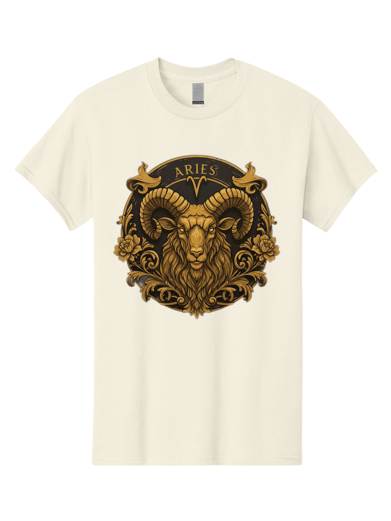 Aries-Zodiac-Sign Men'S Graphic Tee, 100% Cotton, Comfortable Casual Summer Wear, Machine Washable, Golden Ram Head, Aries Symbol, Zodiac Sign, Horoscope, Astrology, Mystical, Mystical Creatures, Gold Ornamentation, Floral Patterns, Bae120