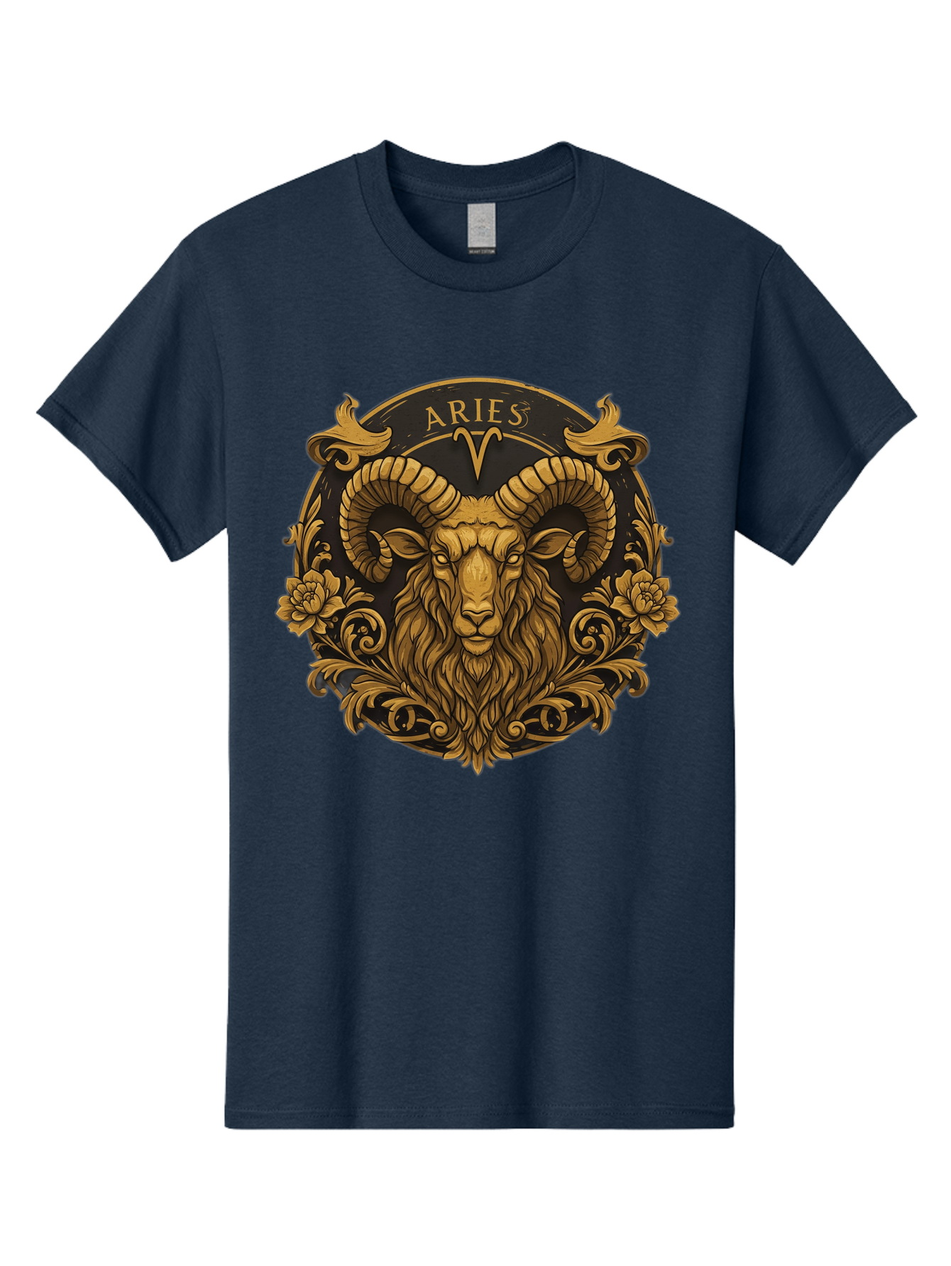 Aries-Zodiac-Sign Men'S Graphic Tee, 100% Cotton, Comfortable Casual Summer Wear, Machine Washable, Golden Ram Head, Aries Symbol, Zodiac Sign, Horoscope, Astrology, Mystical, Mystical Creatures, Gold Ornamentation, Floral Patterns, Bae120
