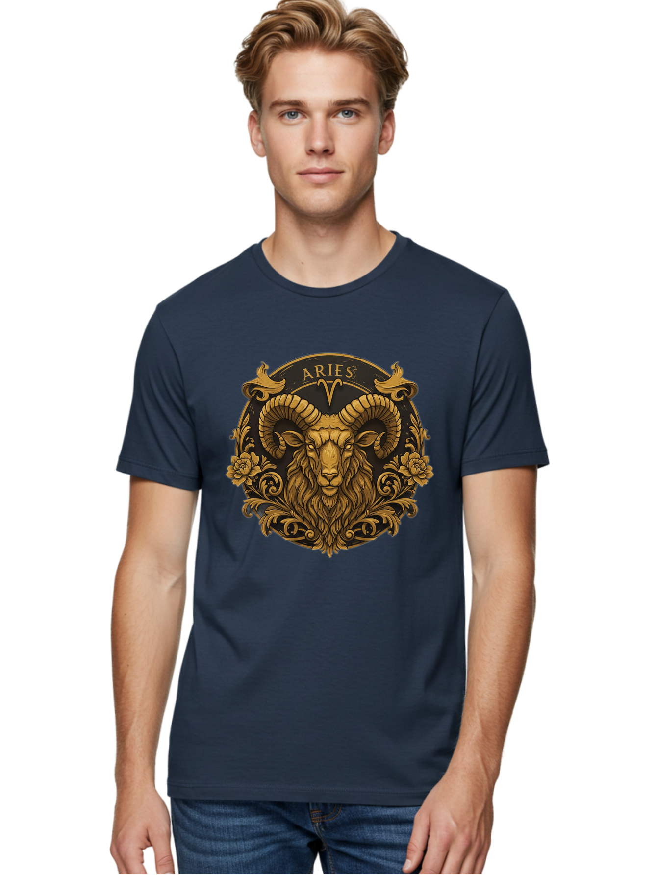 Aries-Zodiac-Sign Men'S Graphic Tee, 100% Cotton, Comfortable Casual Summer Wear, Machine Washable, Golden Ram Head, Aries Symbol, Zodiac Sign, Horoscope, Astrology, Mystical, Mystical Creatures, Gold Ornamentation, Floral Patterns, Bae120