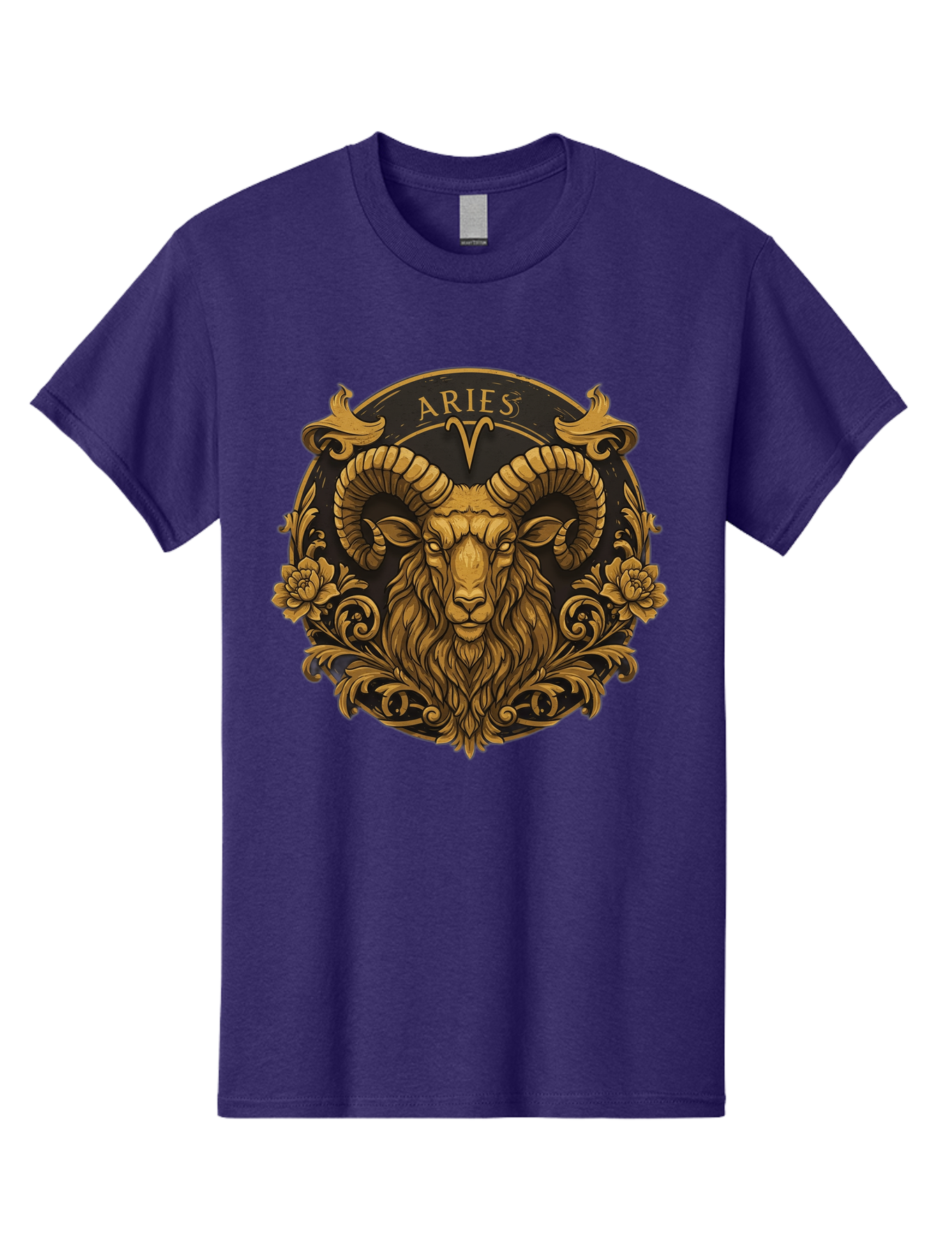 Aries-Zodiac-Sign Men'S Graphic Tee, 100% Cotton, Comfortable Casual Summer Wear, Machine Washable, Golden Ram Head, Aries Symbol, Zodiac Sign, Horoscope, Astrology, Mystical, Mystical Creatures, Gold Ornamentation, Floral Patterns, Bae120