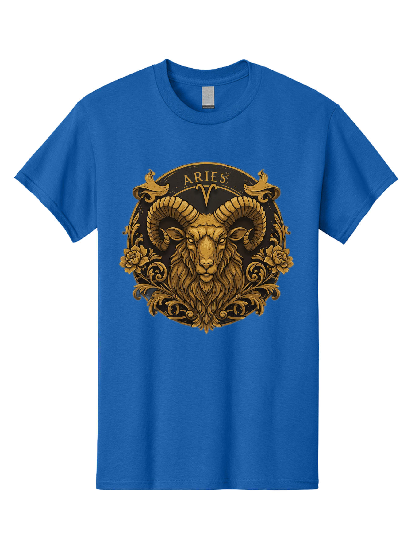 Aries-Zodiac-Sign Men'S Graphic Tee, 100% Cotton, Comfortable Casual Summer Wear, Machine Washable, Golden Ram Head, Aries Symbol, Zodiac Sign, Horoscope, Astrology, Mystical, Mystical Creatures, Gold Ornamentation, Floral Patterns, Bae120