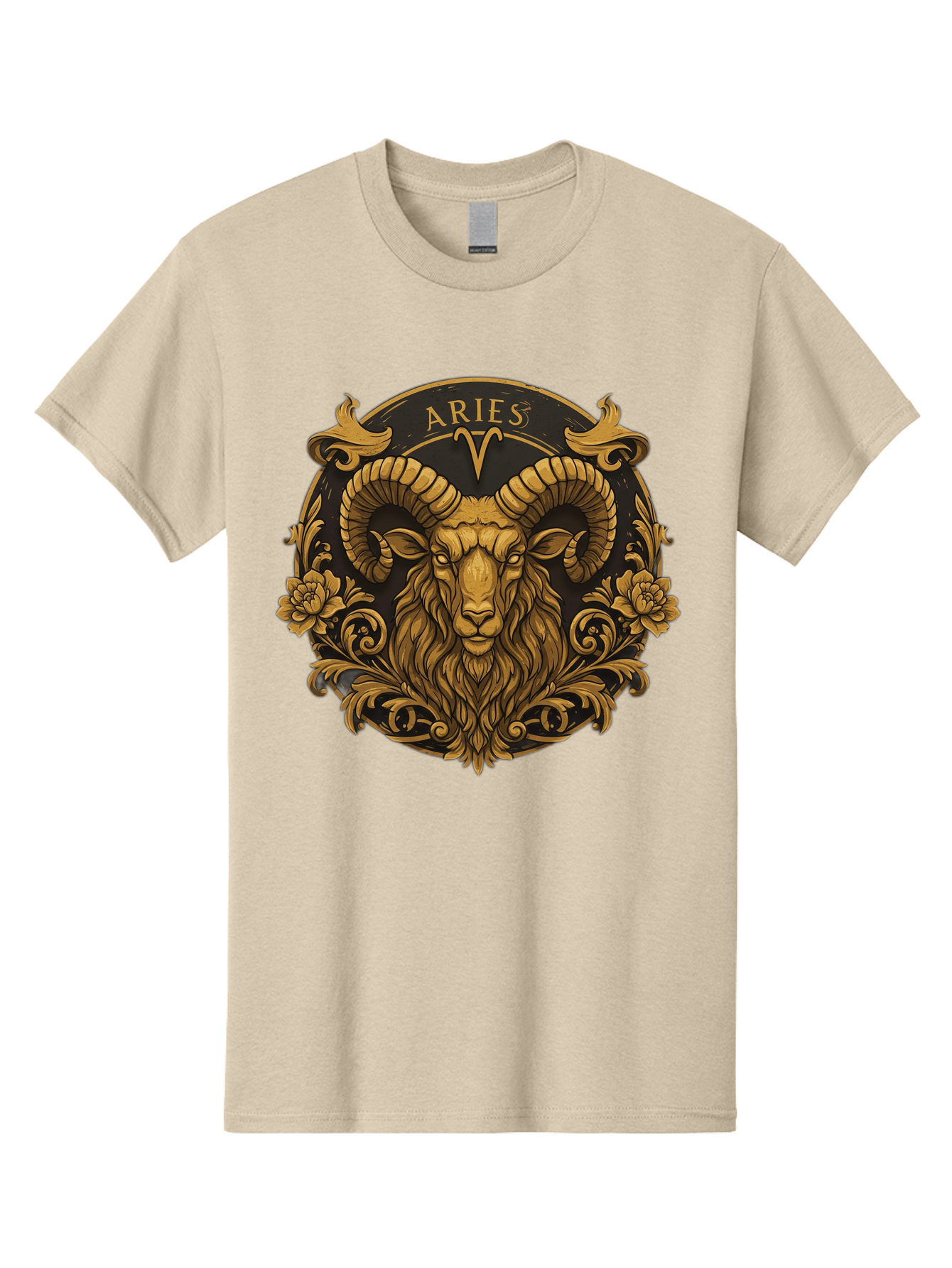 Aries-Zodiac-Sign Men'S Graphic Tee, 100% Cotton, Comfortable Casual Summer Wear, Machine Washable, Golden Ram Head, Aries Symbol, Zodiac Sign, Horoscope, Astrology, Mystical, Mystical Creatures, Gold Ornamentation, Floral Patterns, Bae120