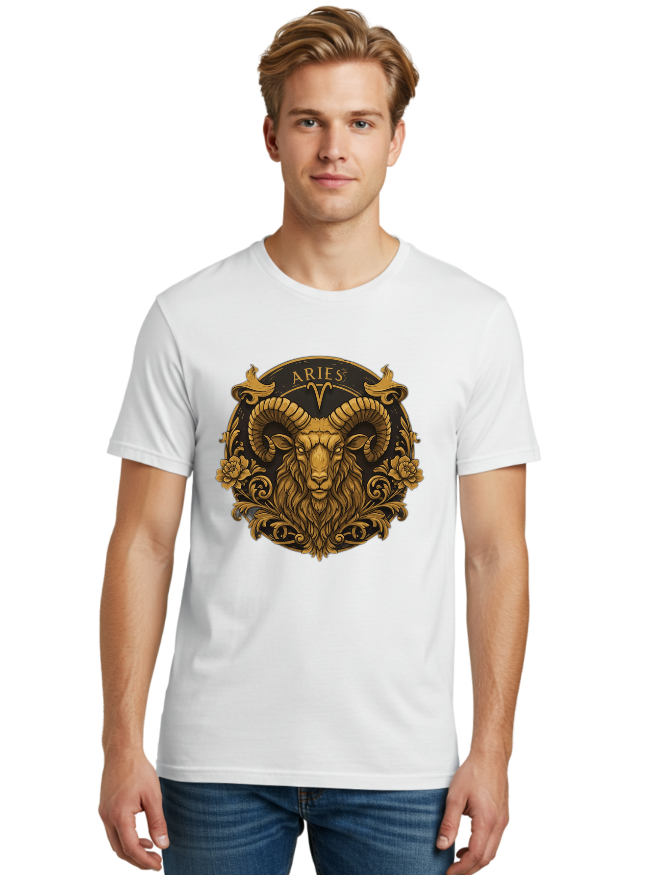 Aries-Zodiac-Sign Men'S Graphic Tee, 100% Cotton, Comfortable Casual Summer Wear, Machine Washable, Golden Ram Head, Aries Symbol, Zodiac Sign, Horoscope, Astrology, Mystical, Mystical Creatures, Gold Ornamentation, Floral Patterns, Bae120