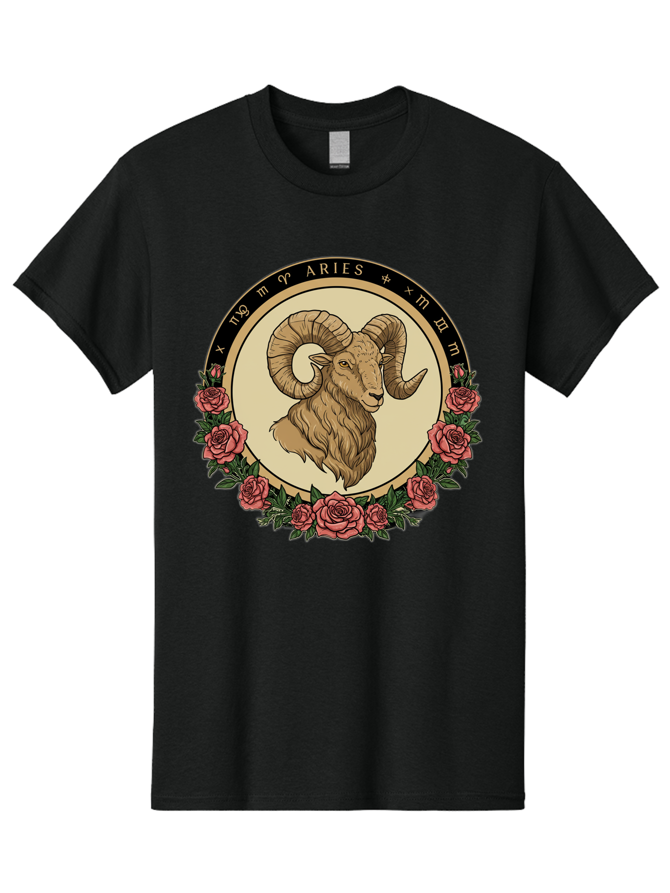 Aries Men'S Graphic Tee, 100% Cotton, Comfortable Casual Summer Wear, Machine Washable, Ram Illustration, Aries Zodiac Sign, Astrology Symbol, Roses, Floral Design, Horoscope, Mystical, Esoteric Art, Zodiac Wheel, Astrological Sign Bae121