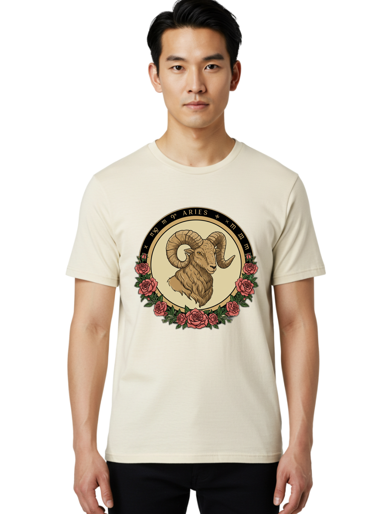 Aries Men'S Graphic Tee, 100% Cotton, Comfortable Casual Summer Wear, Machine Washable, Ram Illustration, Aries Zodiac Sign, Astrology Symbol, Roses, Floral Design, Horoscope, Mystical, Esoteric Art, Zodiac Wheel, Astrological Sign Bae121