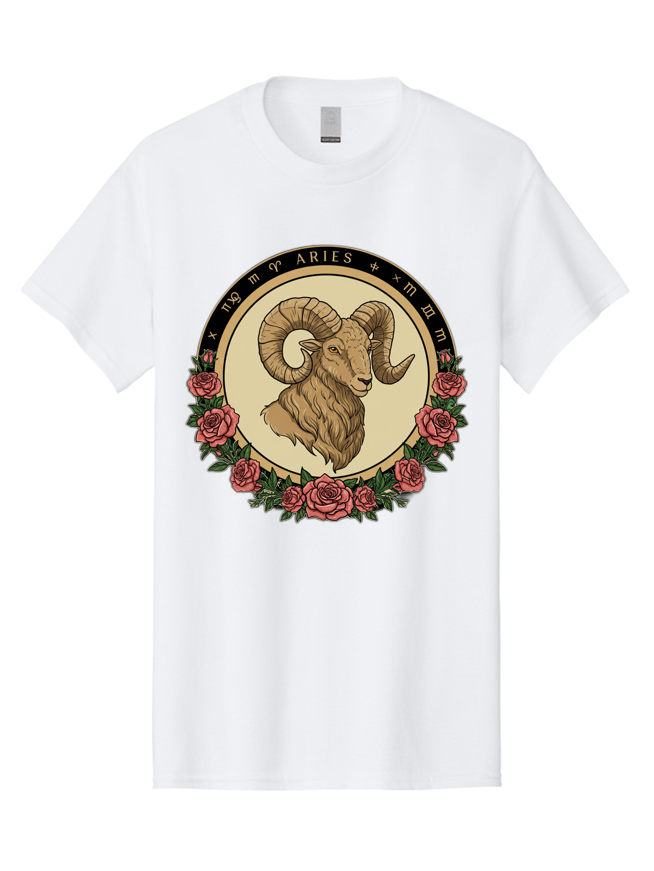 Aries Men'S Graphic Tee, 100% Cotton, Comfortable Casual Summer Wear, Machine Washable, Ram Illustration, Aries Zodiac Sign, Astrology Symbol, Roses, Floral Design, Horoscope, Mystical, Esoteric Art, Zodiac Wheel, Astrological Sign Bae121