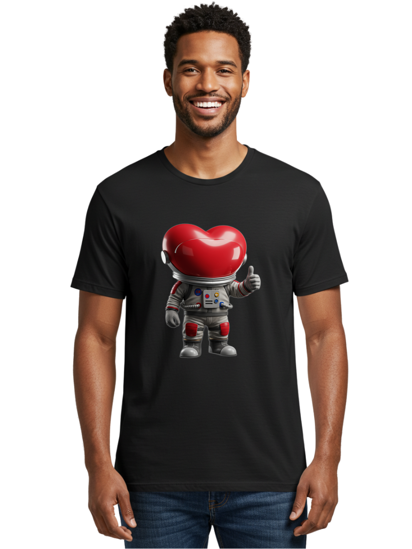 Astronaut-Heart Men'S Graphic Tee, 100% Cotton, Comfortable Casual Summer Wear, Machine Washable, Astronaut With Heart-Shaped Helmet, Thumbs Up Gesture, Space Suit, Futuristic Design, Red And Gray Colors, Love In Space, Positivity, Approval Bae122