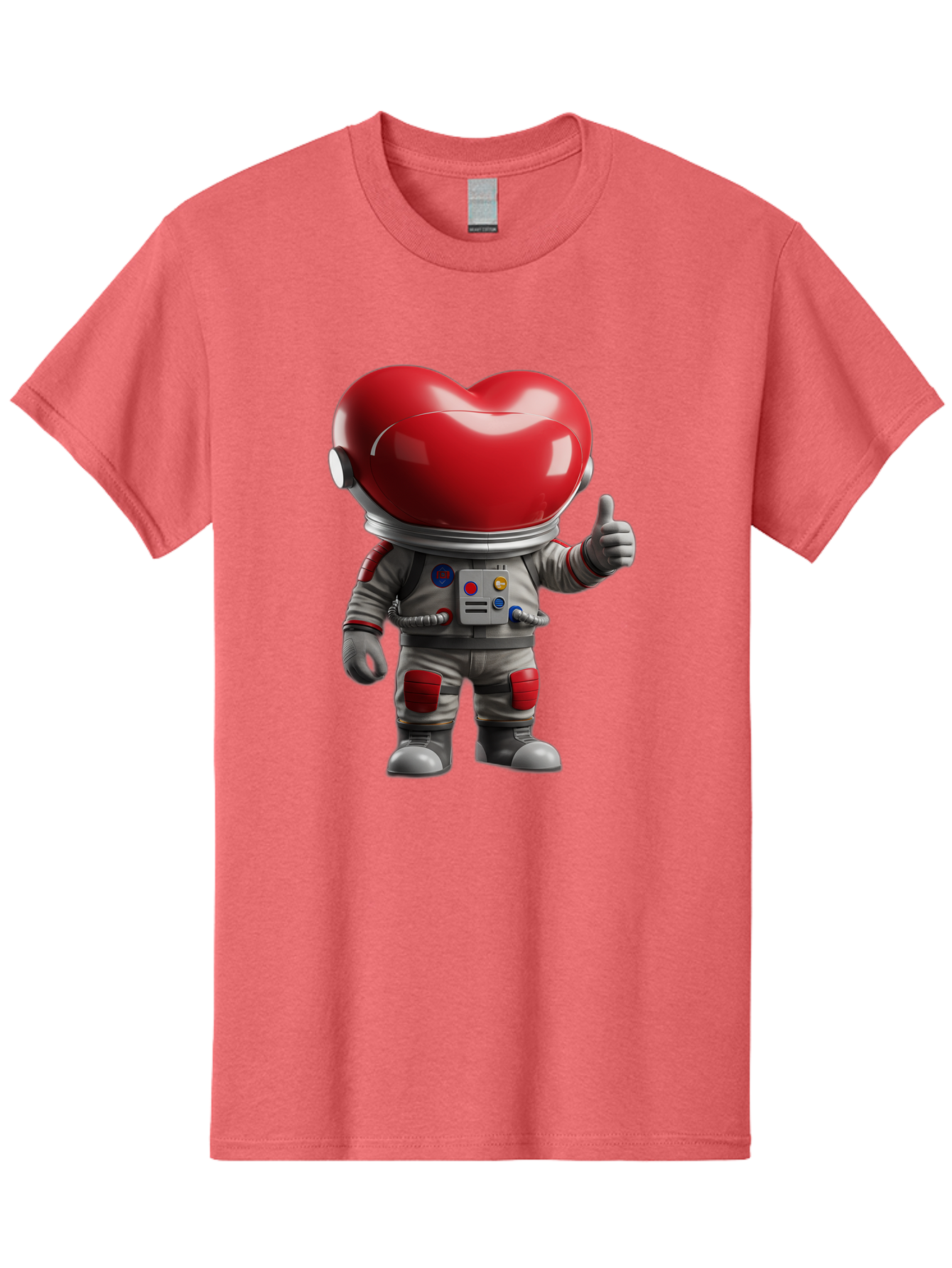 Astronaut-Heart Men'S Graphic Tee, 100% Cotton, Comfortable Casual Summer Wear, Machine Washable, Astronaut With Heart-Shaped Helmet, Thumbs Up Gesture, Space Suit, Futuristic Design, Red And Gray Colors, Love In Space, Positivity, Approval Bae122