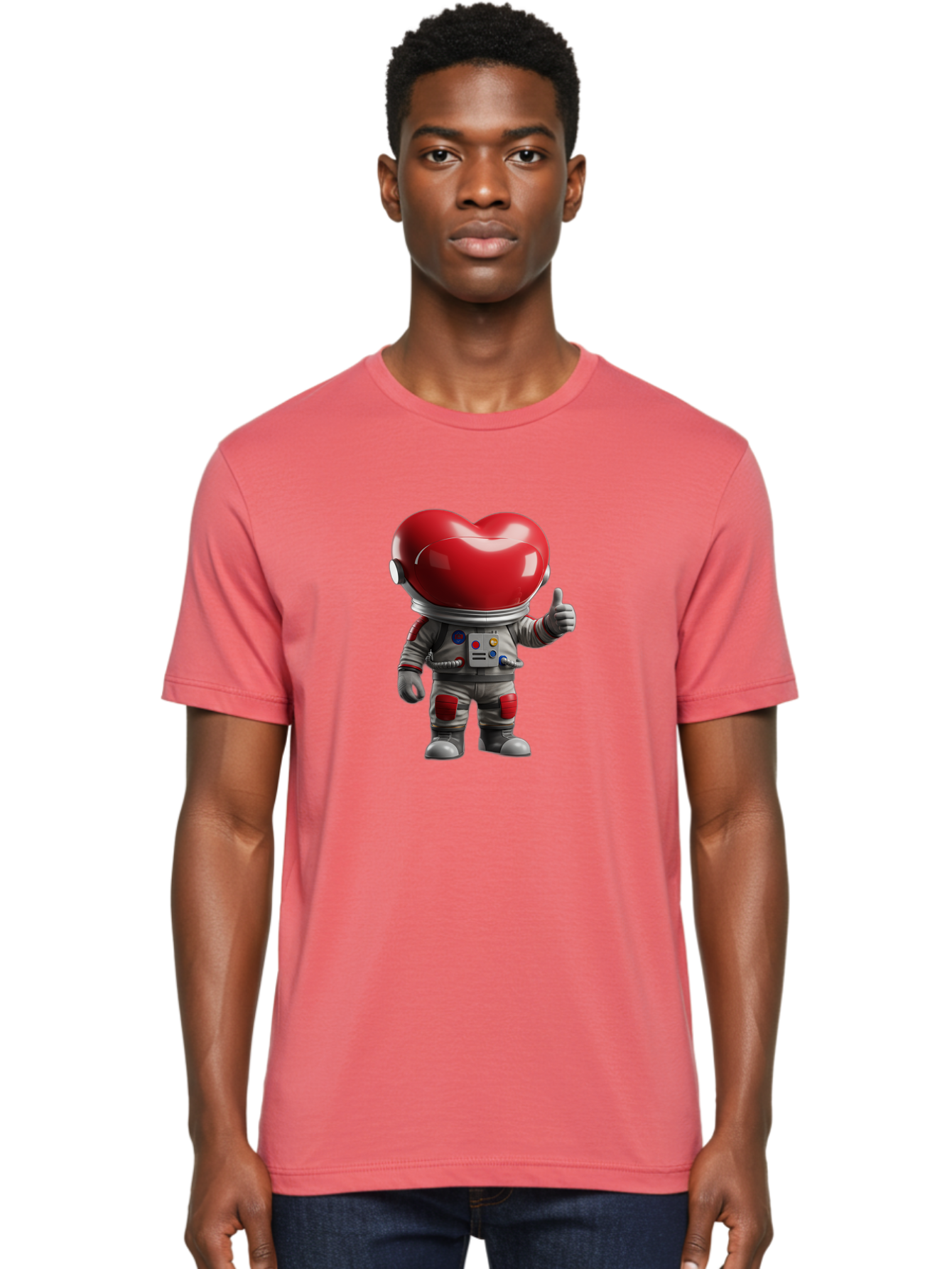 Astronaut-Heart Men'S Graphic Tee, 100% Cotton, Comfortable Casual Summer Wear, Machine Washable, Astronaut With Heart-Shaped Helmet, Thumbs Up Gesture, Space Suit, Futuristic Design, Red And Gray Colors, Love In Space, Positivity, Approval Bae122