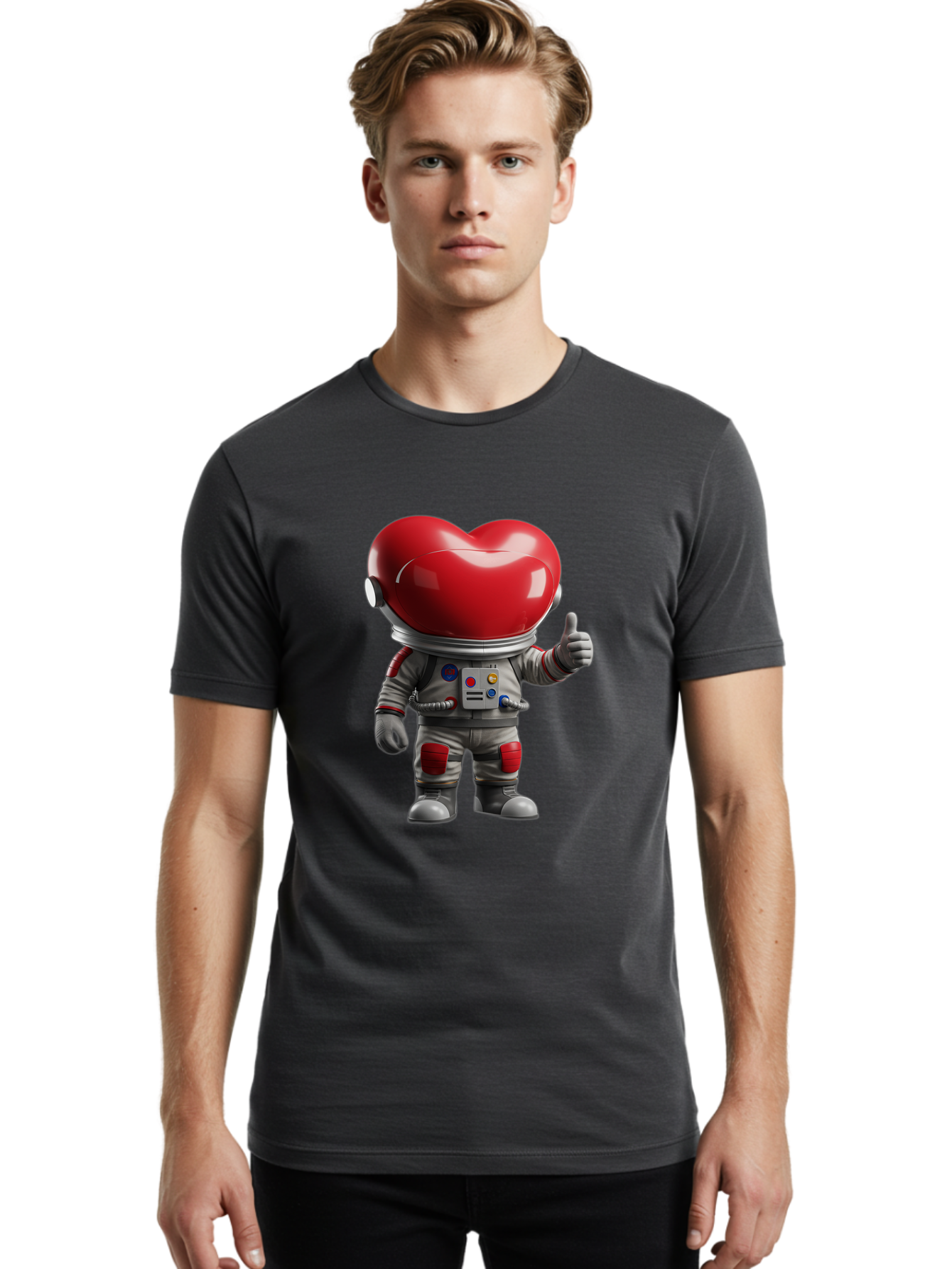 Astronaut-Heart Men'S Graphic Tee, 100% Cotton, Comfortable Casual Summer Wear, Machine Washable, Astronaut With Heart-Shaped Helmet, Thumbs Up Gesture, Space Suit, Futuristic Design, Red And Gray Colors, Love In Space, Positivity, Approval Bae122