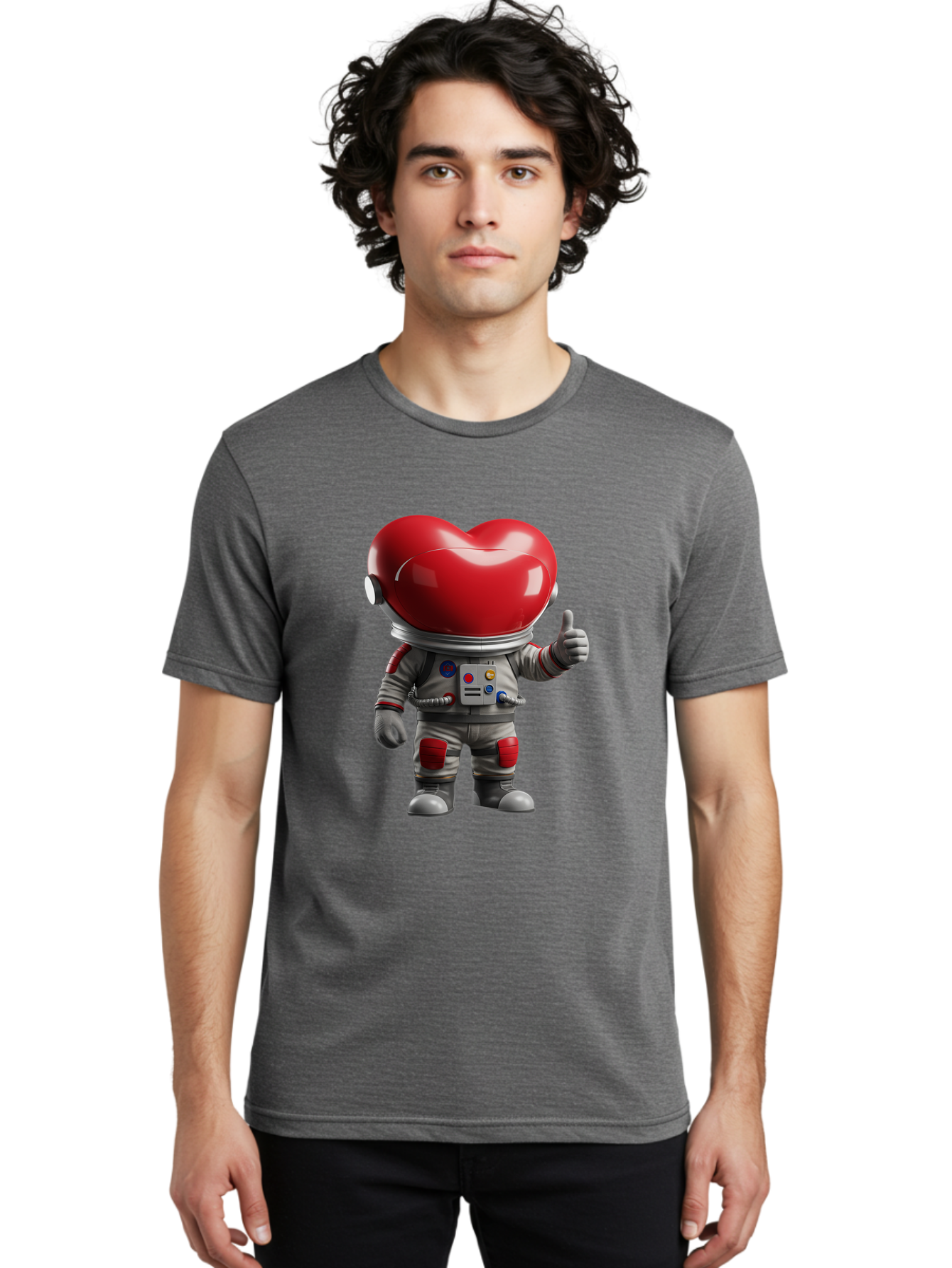 Astronaut-Heart Men'S Graphic Tee, 100% Cotton, Comfortable Casual Summer Wear, Machine Washable, Astronaut With Heart-Shaped Helmet, Thumbs Up Gesture, Space Suit, Futuristic Design, Red And Gray Colors, Love In Space, Positivity, Approval Bae122