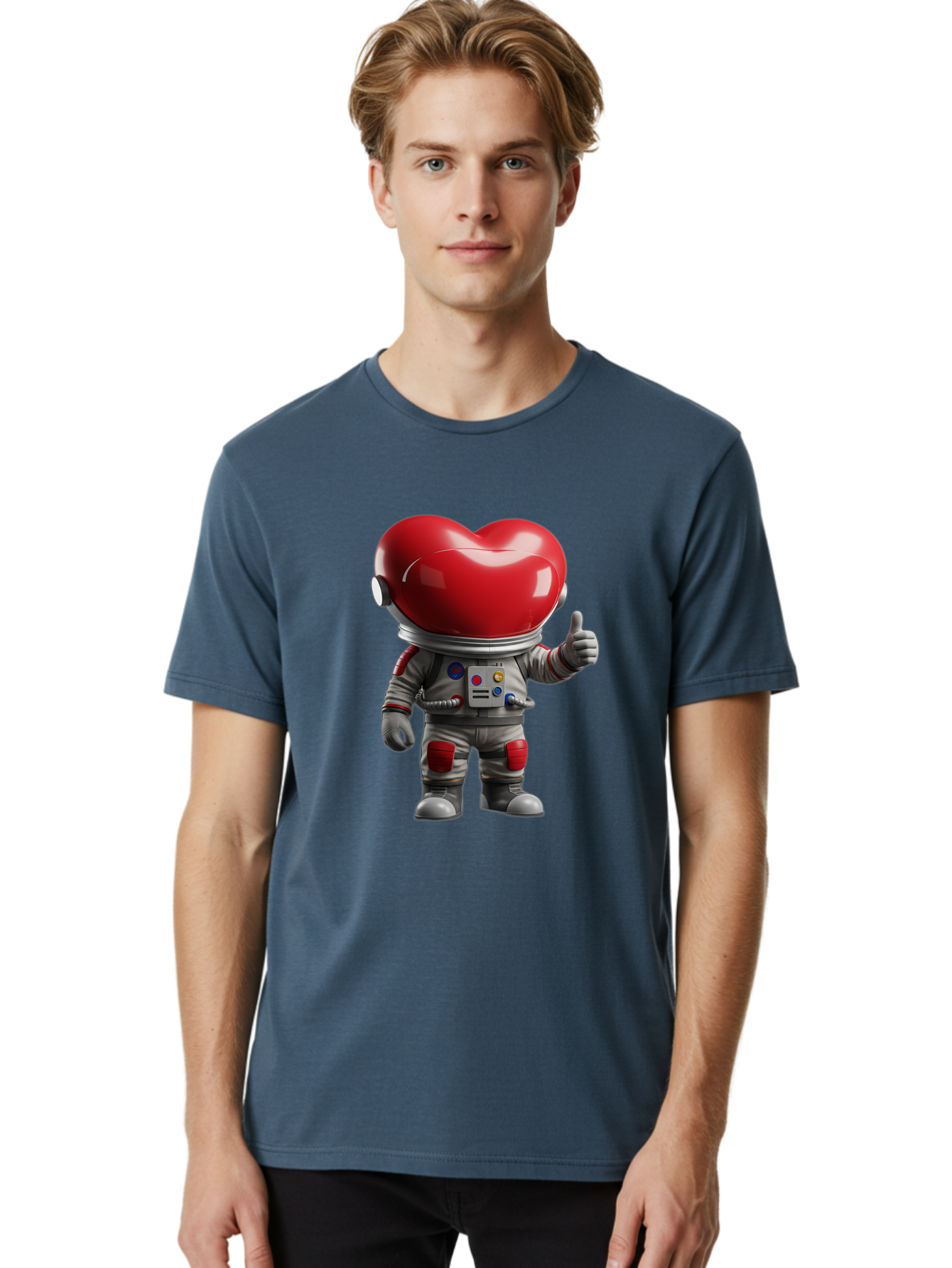 Astronaut-Heart Men'S Graphic Tee, 100% Cotton, Comfortable Casual Summer Wear, Machine Washable, Astronaut With Heart-Shaped Helmet, Thumbs Up Gesture, Space Suit, Futuristic Design, Red And Gray Colors, Love In Space, Positivity, Approval Bae122
