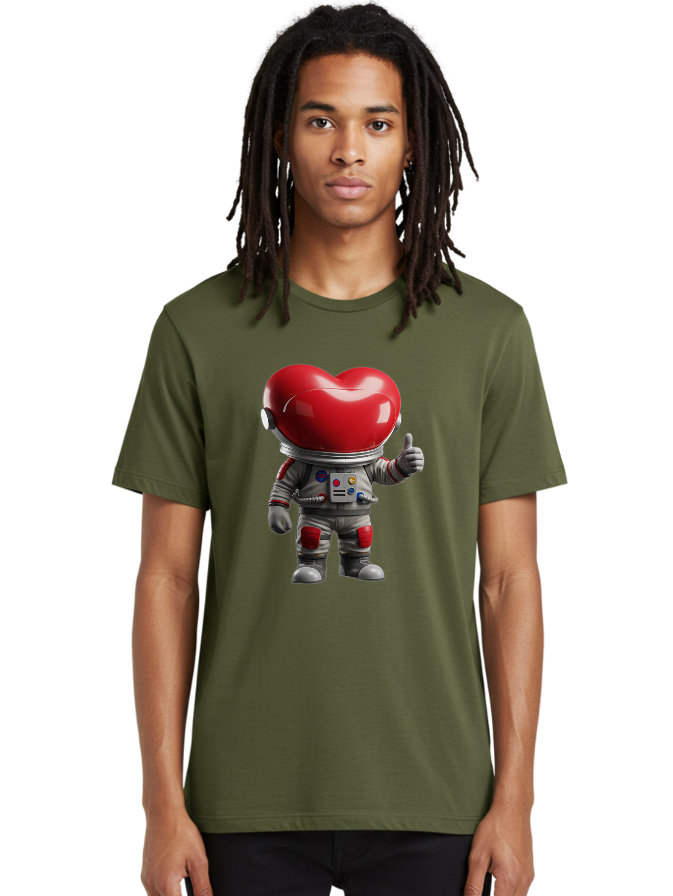 Astronaut-Heart Men'S Graphic Tee, 100% Cotton, Comfortable Casual Summer Wear, Machine Washable, Astronaut With Heart-Shaped Helmet, Thumbs Up Gesture, Space Suit, Futuristic Design, Red And Gray Colors, Love In Space, Positivity, Approval Bae122