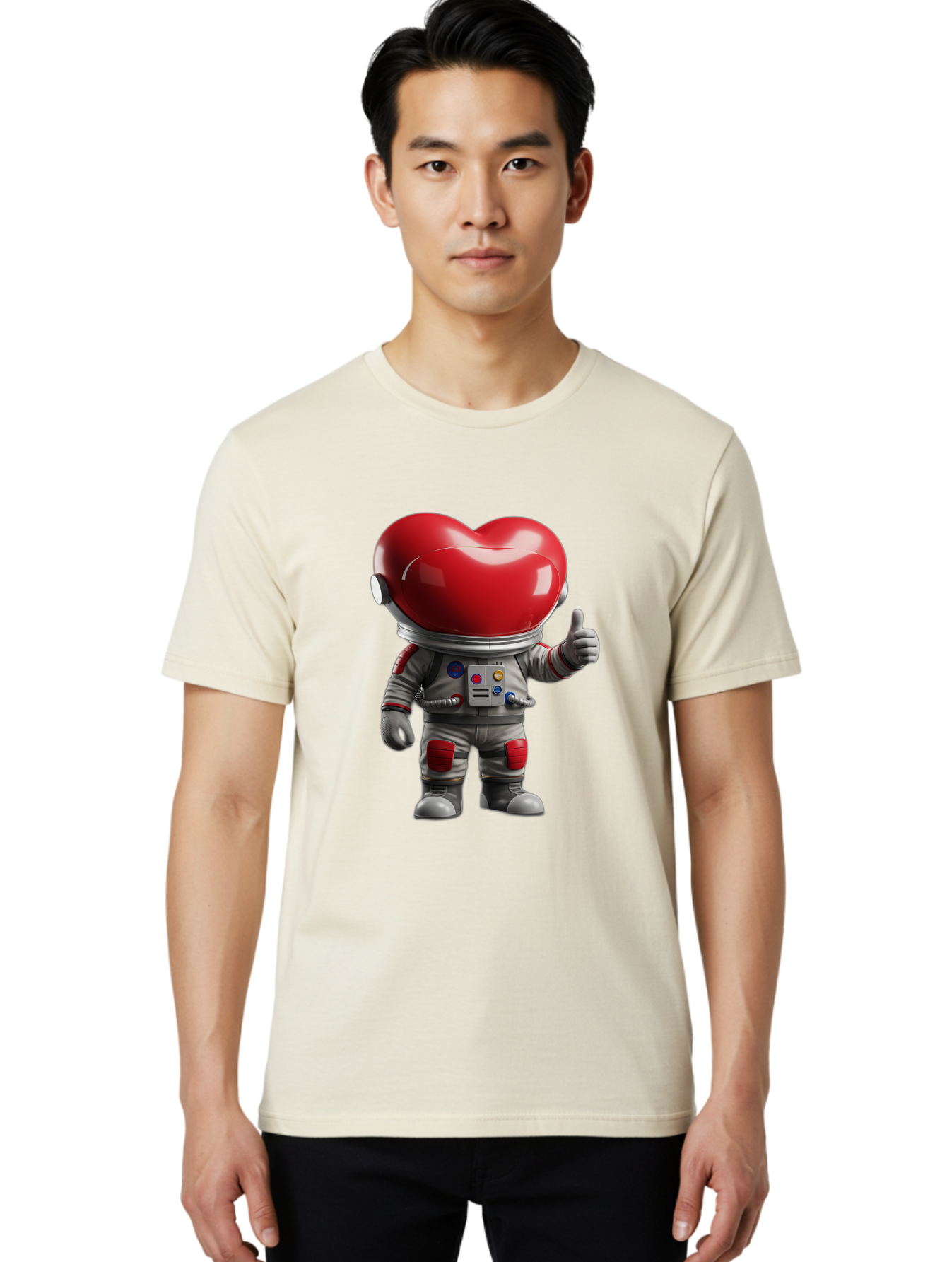 Astronaut-Heart Men'S Graphic Tee, 100% Cotton, Comfortable Casual Summer Wear, Machine Washable, Astronaut With Heart-Shaped Helmet, Thumbs Up Gesture, Space Suit, Futuristic Design, Red And Gray Colors, Love In Space, Positivity, Approval Bae122