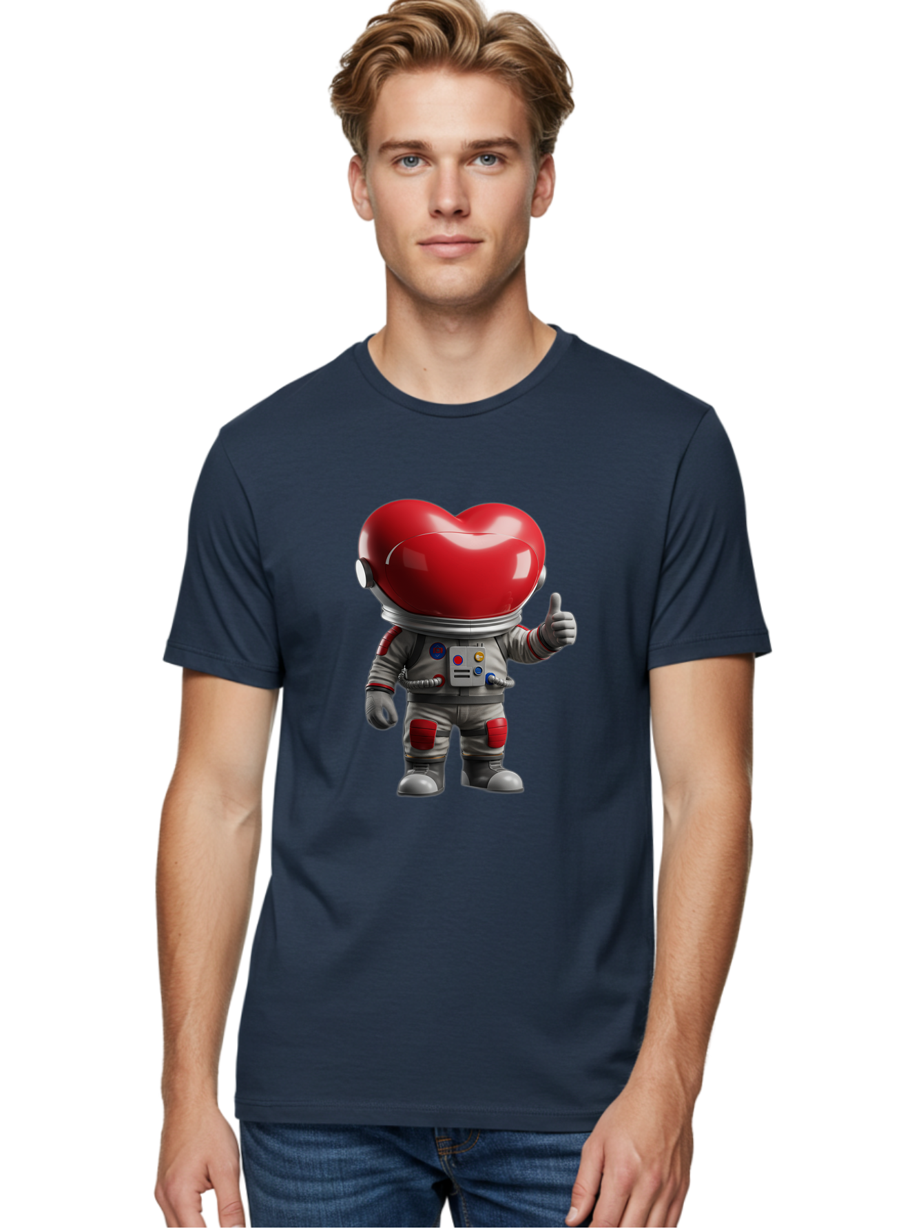 Astronaut-Heart Men'S Graphic Tee, 100% Cotton, Comfortable Casual Summer Wear, Machine Washable, Astronaut With Heart-Shaped Helmet, Thumbs Up Gesture, Space Suit, Futuristic Design, Red And Gray Colors, Love In Space, Positivity, Approval Bae122