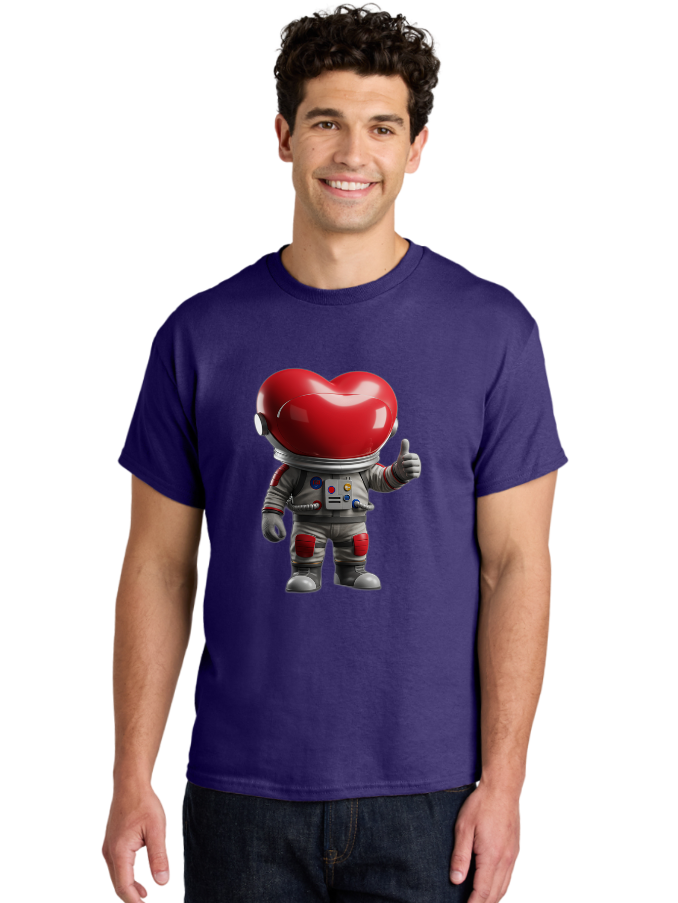 Astronaut-Heart Men'S Graphic Tee, 100% Cotton, Comfortable Casual Summer Wear, Machine Washable, Astronaut With Heart-Shaped Helmet, Thumbs Up Gesture, Space Suit, Futuristic Design, Red And Gray Colors, Love In Space, Positivity, Approval Bae122