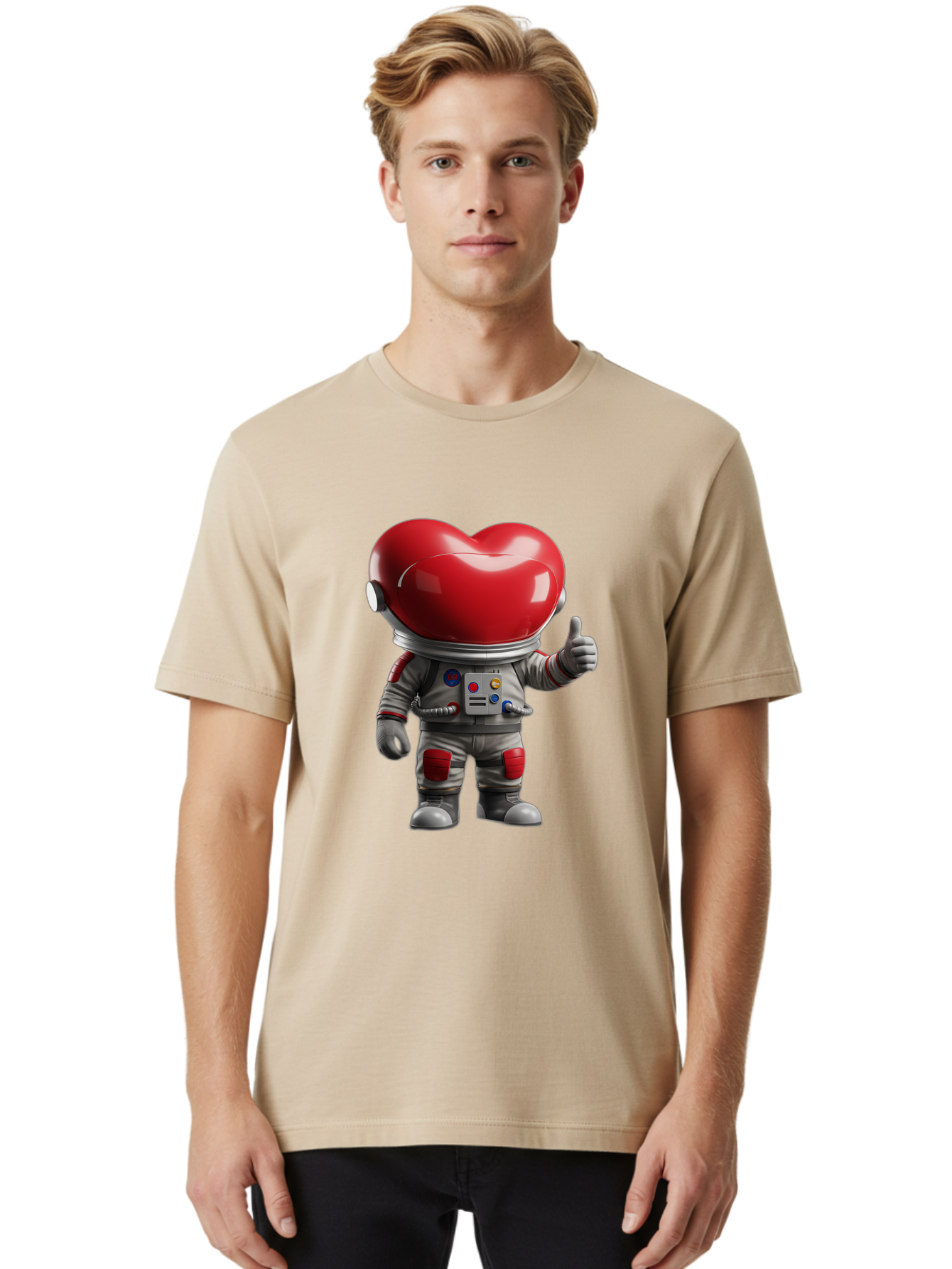 Astronaut-Heart Men'S Graphic Tee, 100% Cotton, Comfortable Casual Summer Wear, Machine Washable, Astronaut With Heart-Shaped Helmet, Thumbs Up Gesture, Space Suit, Futuristic Design, Red And Gray Colors, Love In Space, Positivity, Approval Bae122