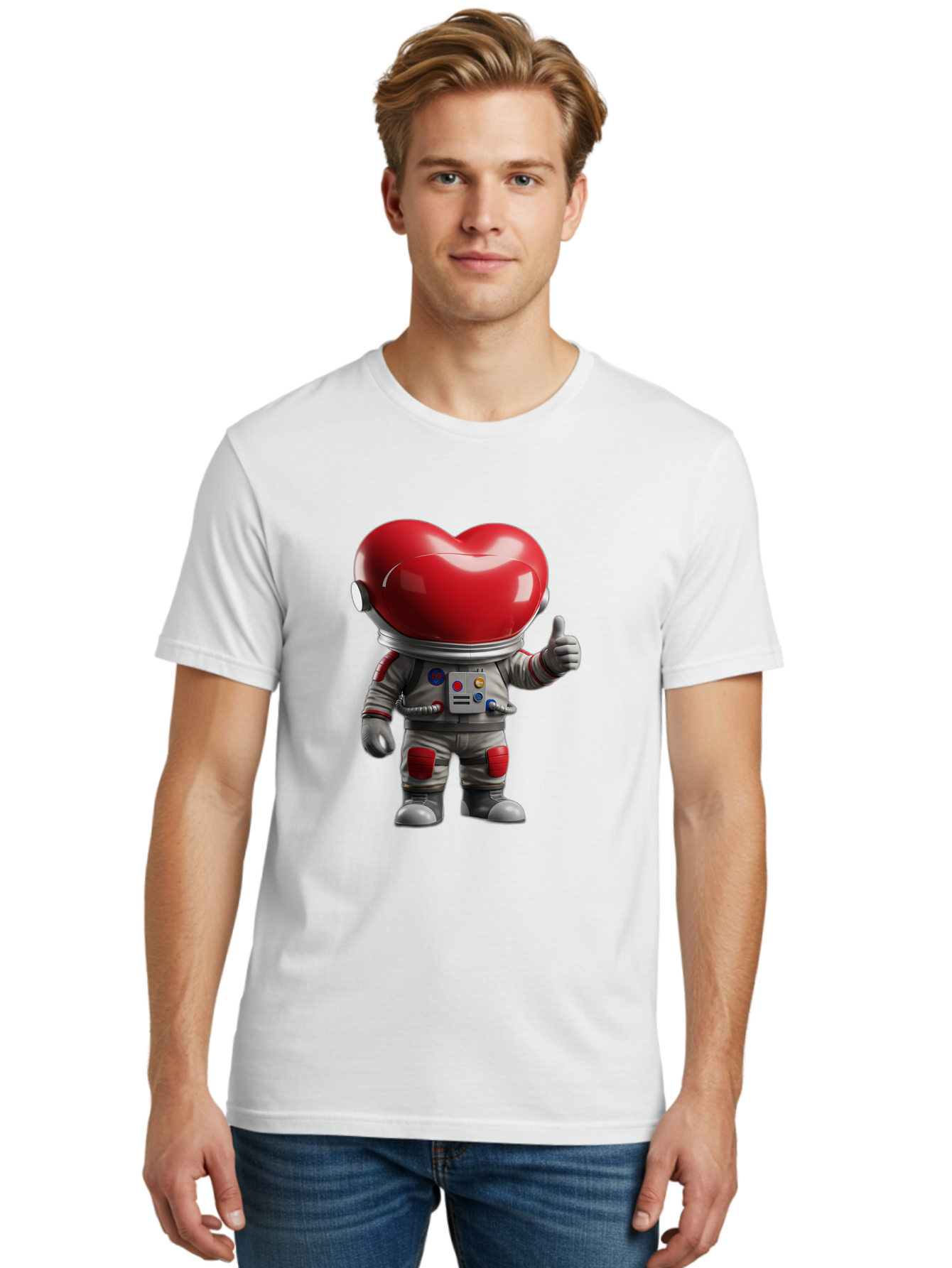 Astronaut-Heart Men'S Graphic Tee, 100% Cotton, Comfortable Casual Summer Wear, Machine Washable, Astronaut With Heart-Shaped Helmet, Thumbs Up Gesture, Space Suit, Futuristic Design, Red And Gray Colors, Love In Space, Positivity, Approval Bae122