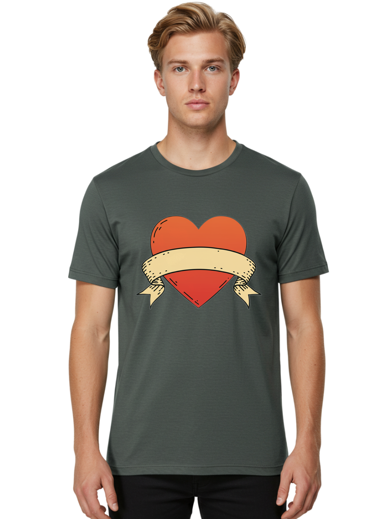 Banner-Heart Men'S Graphic Tee, 100% Cotton, Comfortable Casual Summer Wear, Machine Washable, Red Heart, Banner Wrapped, Tattoo Art, Cartoon Style, Heart Symbol, Ribbon Design, Classic Illustration, Love Emblem Bae124