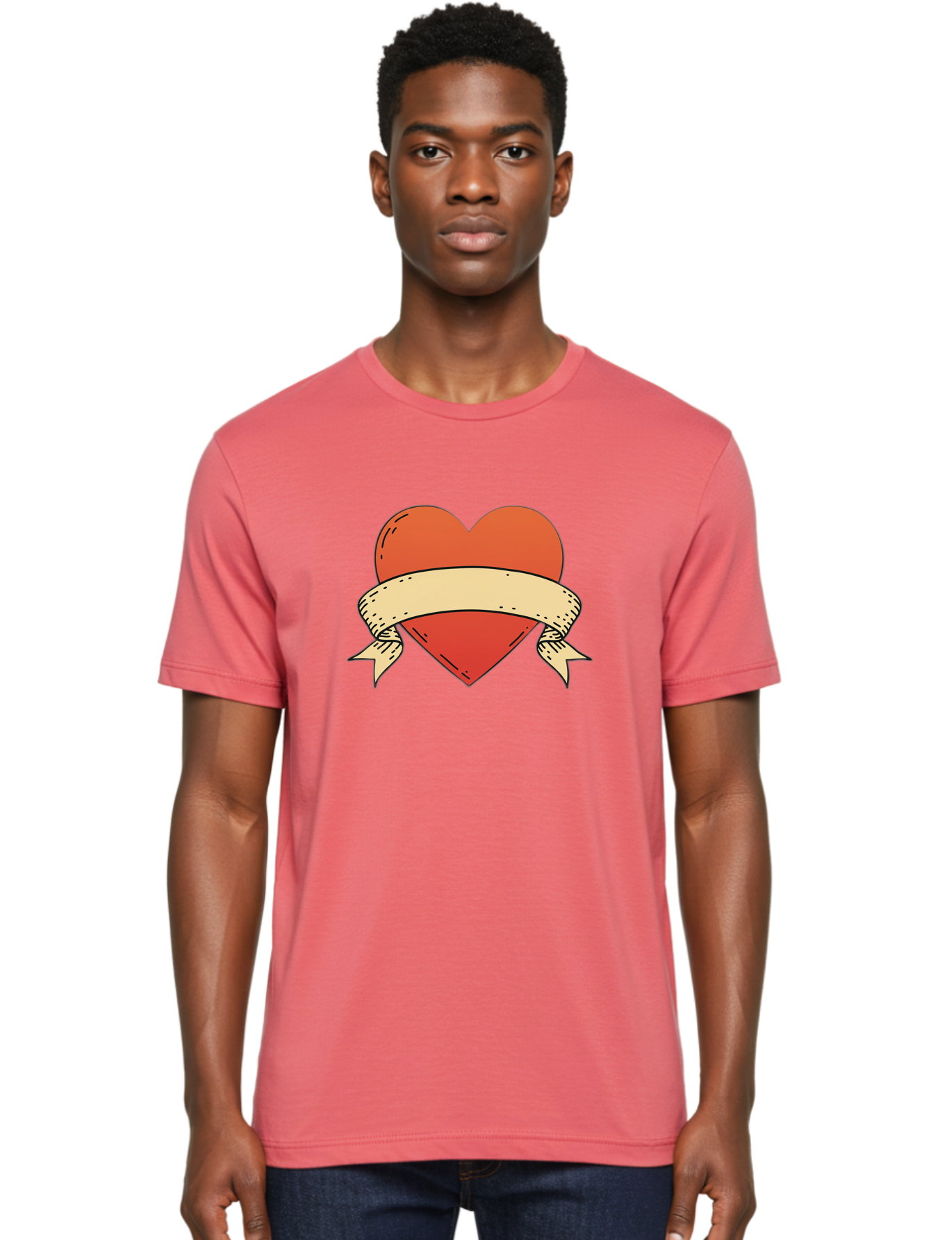 Banner-Heart Men'S Graphic Tee, 100% Cotton, Comfortable Casual Summer Wear, Machine Washable, Red Heart, Banner Wrapped, Tattoo Art, Cartoon Style, Heart Symbol, Ribbon Design, Classic Illustration, Love Emblem Bae124