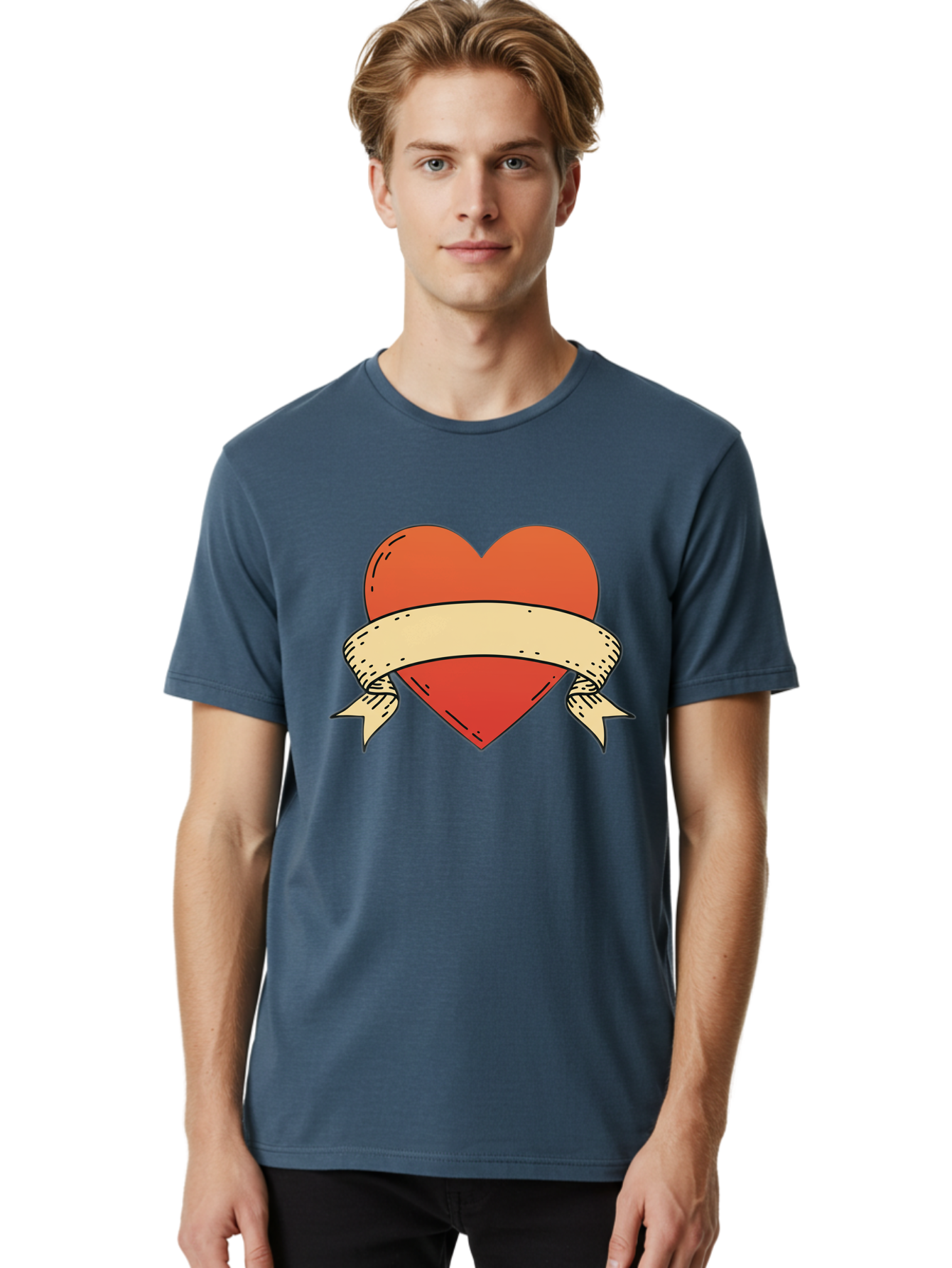 Banner-Heart Men'S Graphic Tee, 100% Cotton, Comfortable Casual Summer Wear, Machine Washable, Red Heart, Banner Wrapped, Tattoo Art, Cartoon Style, Heart Symbol, Ribbon Design, Classic Illustration, Love Emblem Bae124