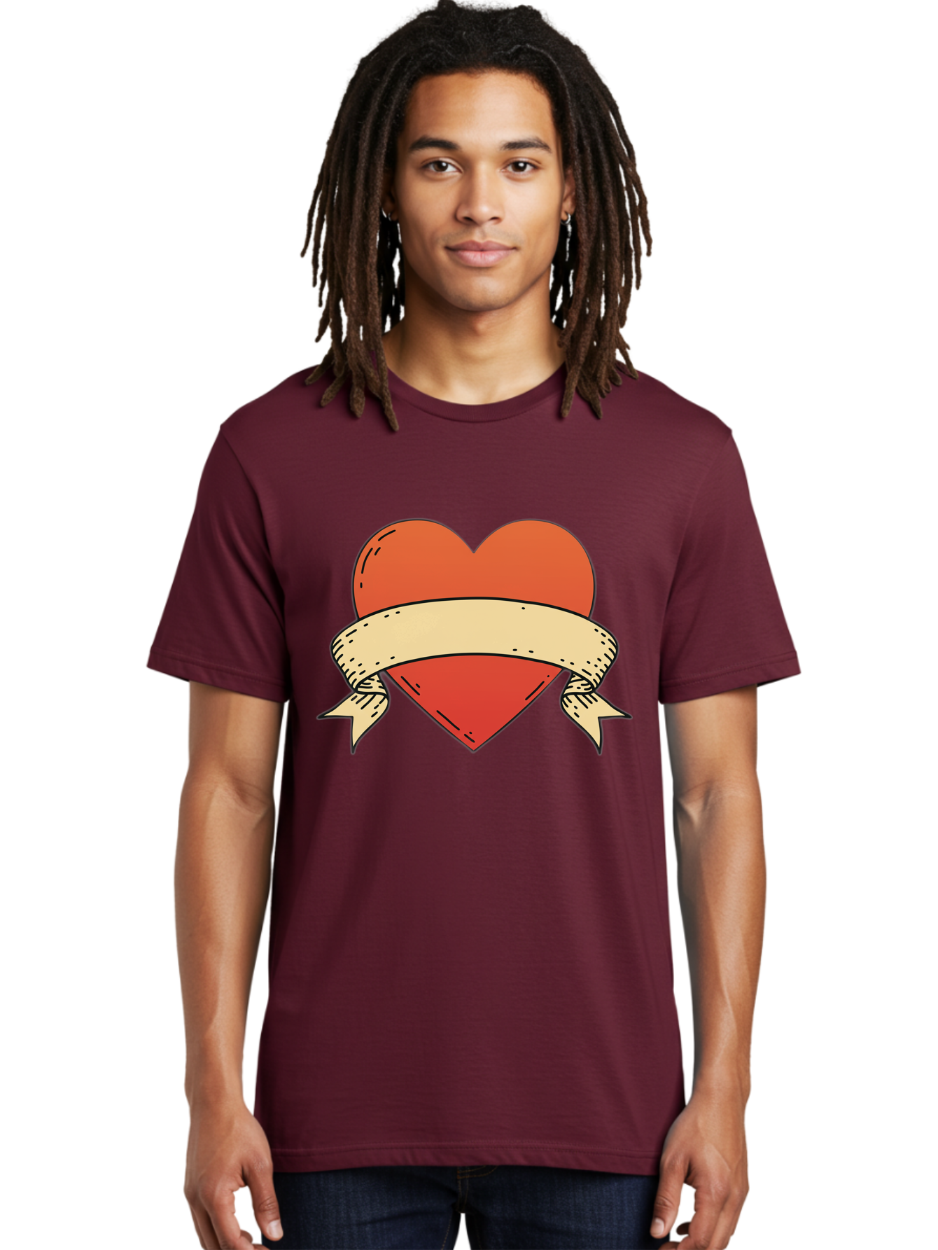 Banner-Heart Men'S Graphic Tee, 100% Cotton, Comfortable Casual Summer Wear, Machine Washable, Red Heart, Banner Wrapped, Tattoo Art, Cartoon Style, Heart Symbol, Ribbon Design, Classic Illustration, Love Emblem Bae124