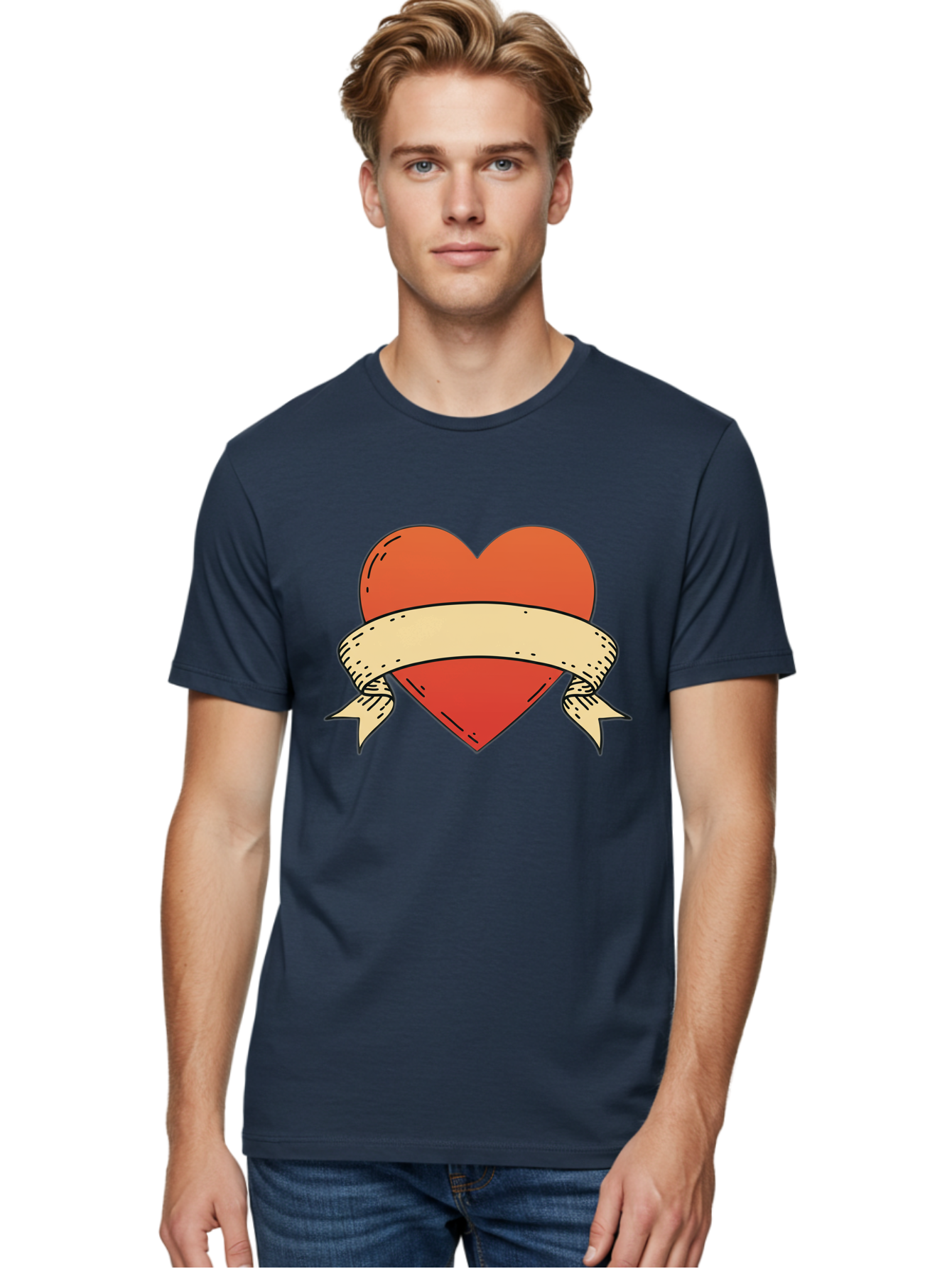 Banner-Heart Men'S Graphic Tee, 100% Cotton, Comfortable Casual Summer Wear, Machine Washable, Red Heart, Banner Wrapped, Tattoo Art, Cartoon Style, Heart Symbol, Ribbon Design, Classic Illustration, Love Emblem Bae124